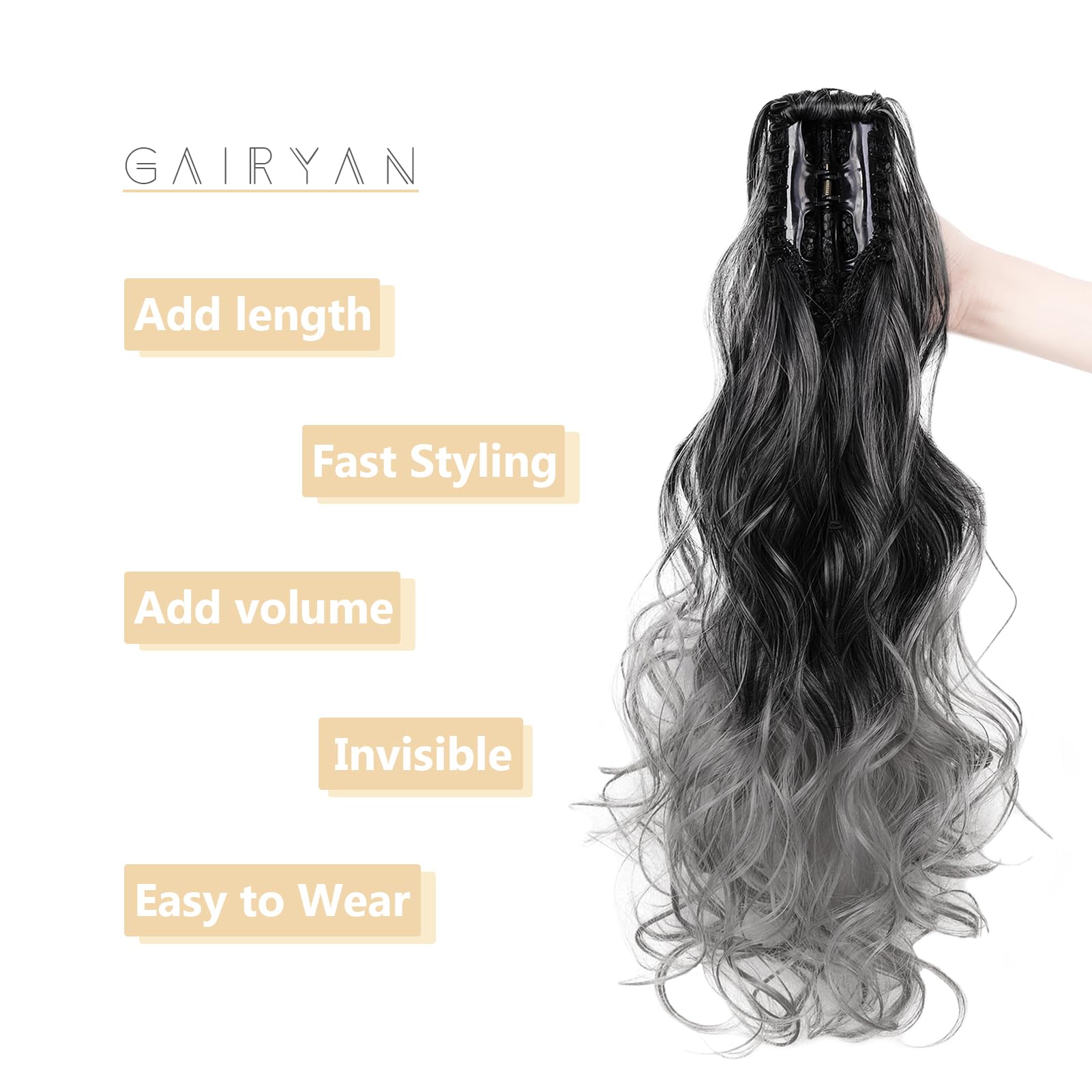 Gairyan 20inch Ponytail Extension Clip in Ponytail Hair Extensions Curly Wavy Pony Tails Claw on Ponytail Long Wave Synthetic Hairpieces for Women Soft Real Look (Black Ombre Grey) - Image 4