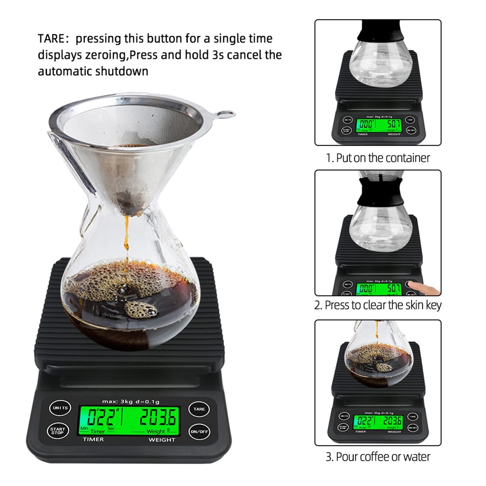 Hochpräzise Elektronische LCD-Waage, 3 Kg/0,1 G, 5, Tropfkaffeewaage Mit Timer, Tragbare Digitale Küchenwaage Genaue Messung(Black 5kg 0.1g)