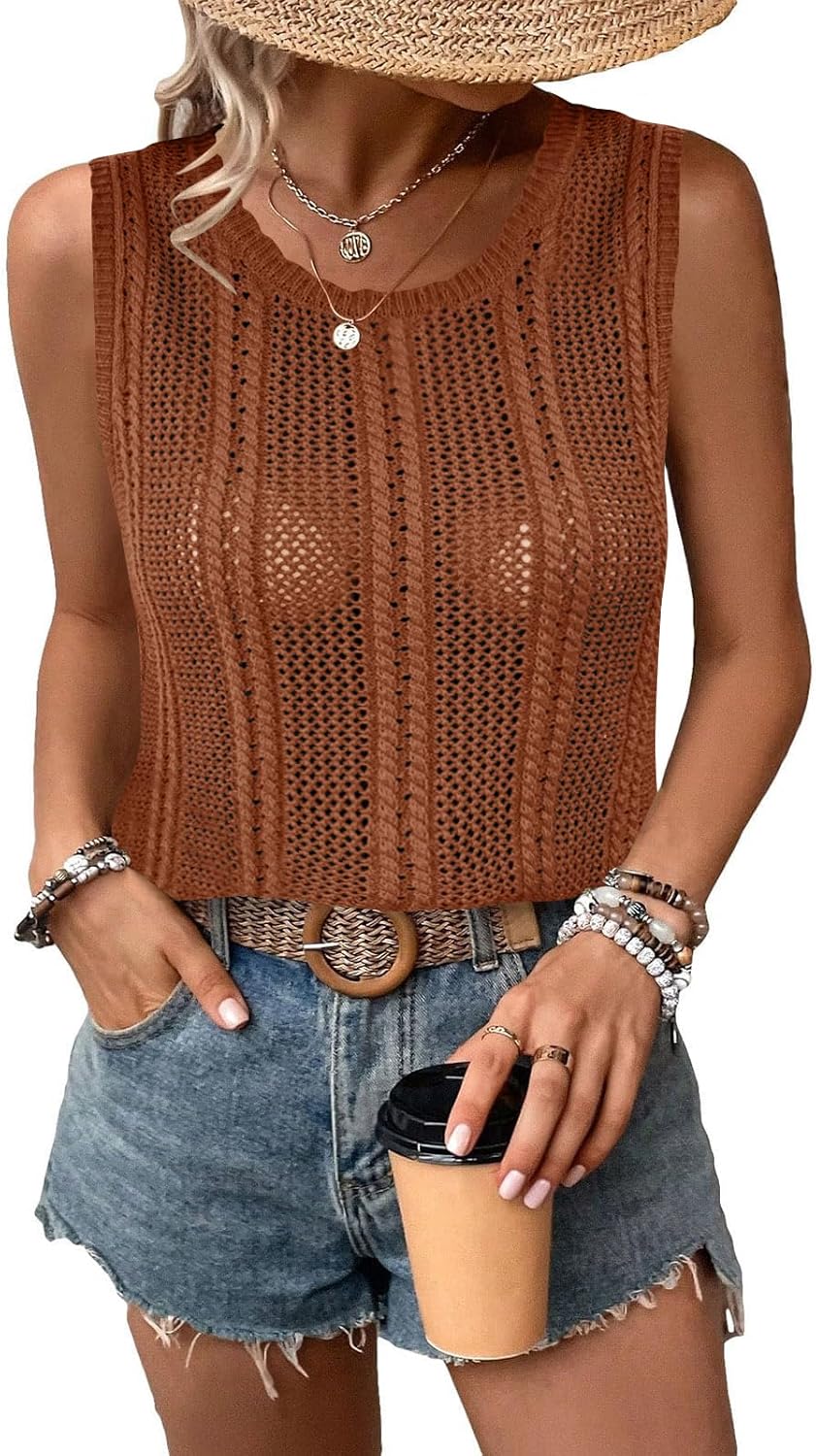 LOMON Womens Crochet Tops Sleeveless Sweater Vest Crew Neck Hollow Out Knit Tank Tops Dressy Casual