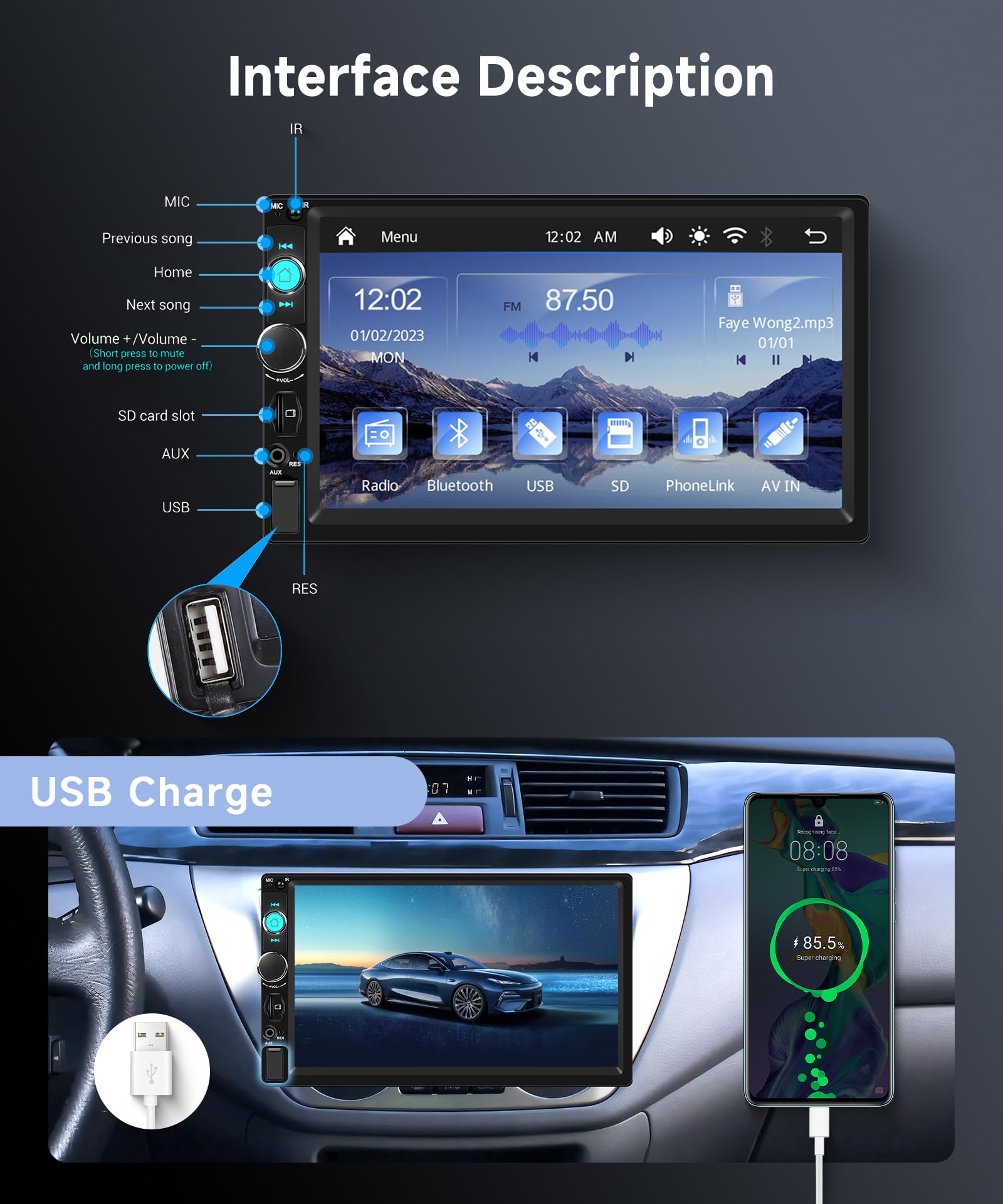 VECHTEL Autoradio 1 Din avec Carplay Android Auto sans Fil, 7 Pouces IPS HD Écran Tactile Poste Radio Voiture Soutien Bluetooth Radio FM EQ USB/TF/AUX Mirror Link SWC Caméra de Recul