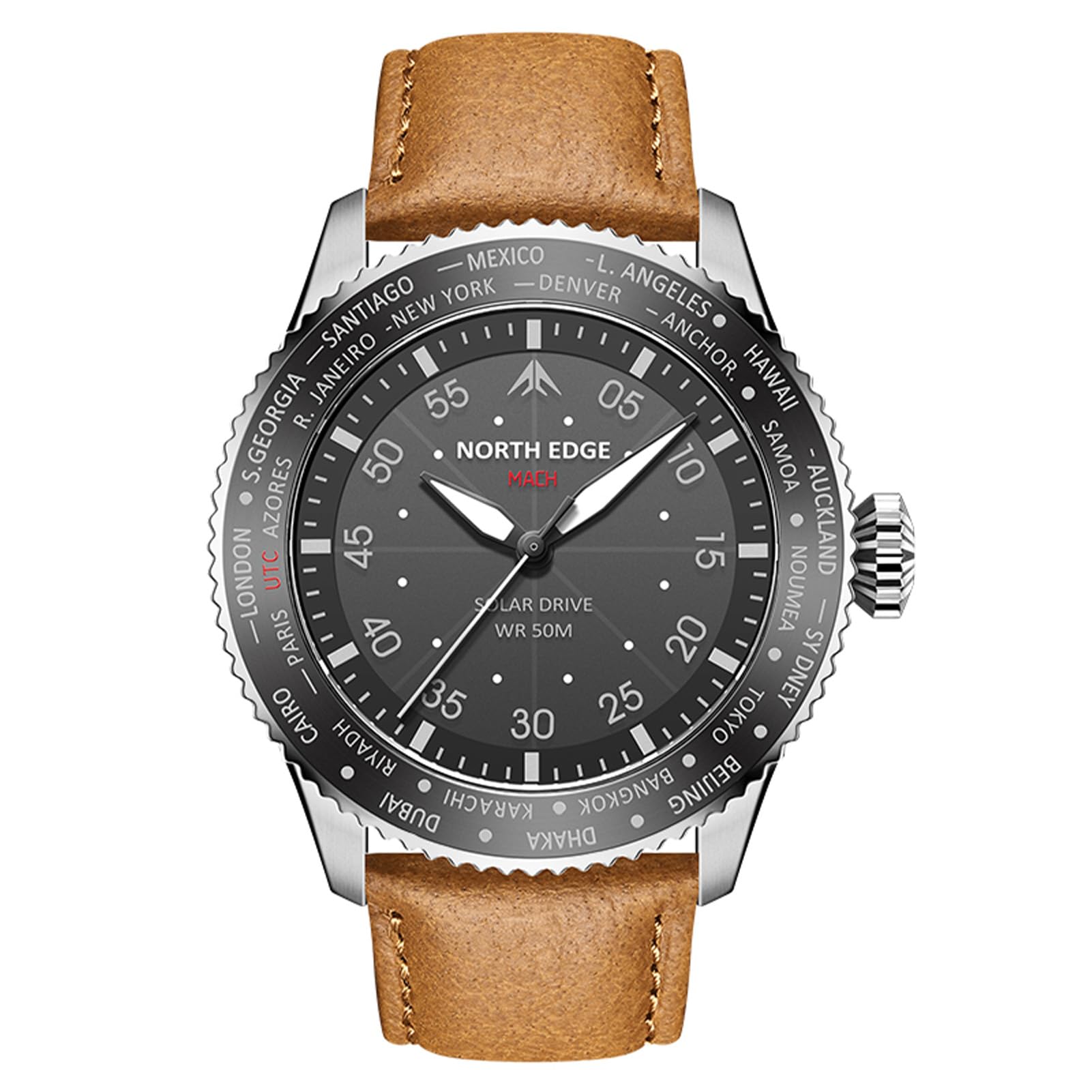 plplaaoo North Edge Mach Pilot Solar Watch para Hombres Visión Nocturna de cronógrafo Impermeable de 50 m Que Dura hasta 180 días Case de Acero Inoxidable de Acero Inoxidable TPR TPR TPR
