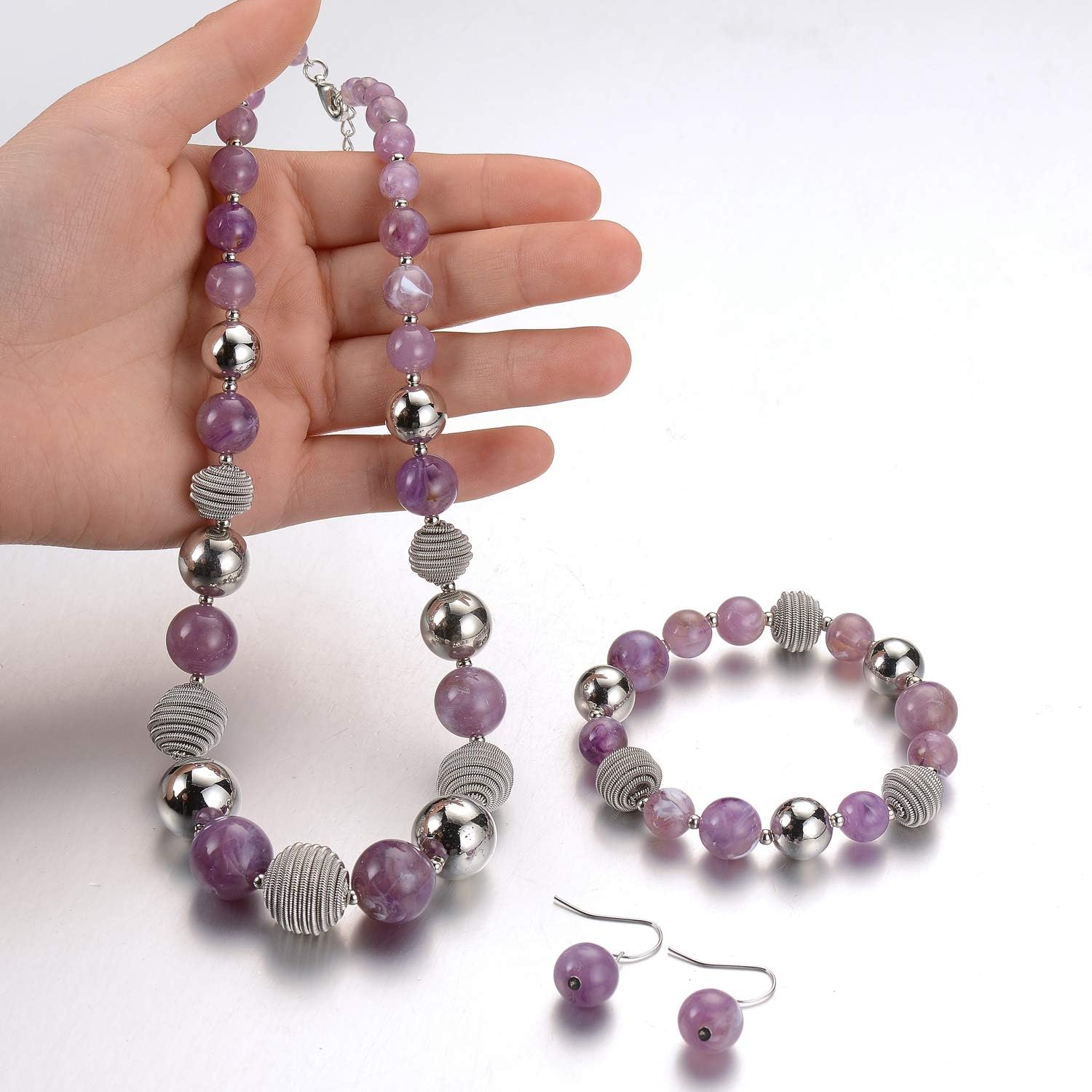 PEARL&CLUB Beaded Chunky Statement Necklace Earring and Bracelet Set Silver Metal Bead Fashion Jewelry Set Mothers’ Day Gifts for Women - Image 2