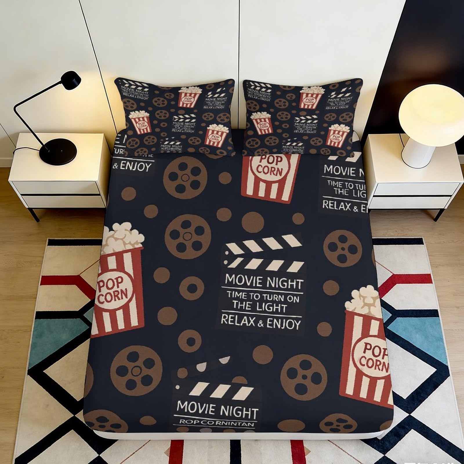 3D Printed Movie Popcorn Fitted Sheet Microfiber Soft Decorative Film Reel Bed Cover for Bedroom Dorm Mattress Protection 90x200x25cm