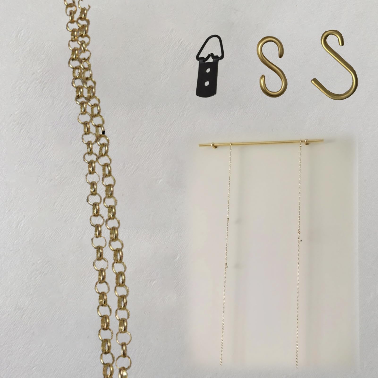 Cimaise pour Tableau Cordon pour Suspendre des Tableaux, Bandes pour Accrocher des Tableaux, Chaîne Dorée pour Suspendre des Miroirs, des Lampes ou des Paniers, Anneau en Laiton de 1 M et Crochet en S