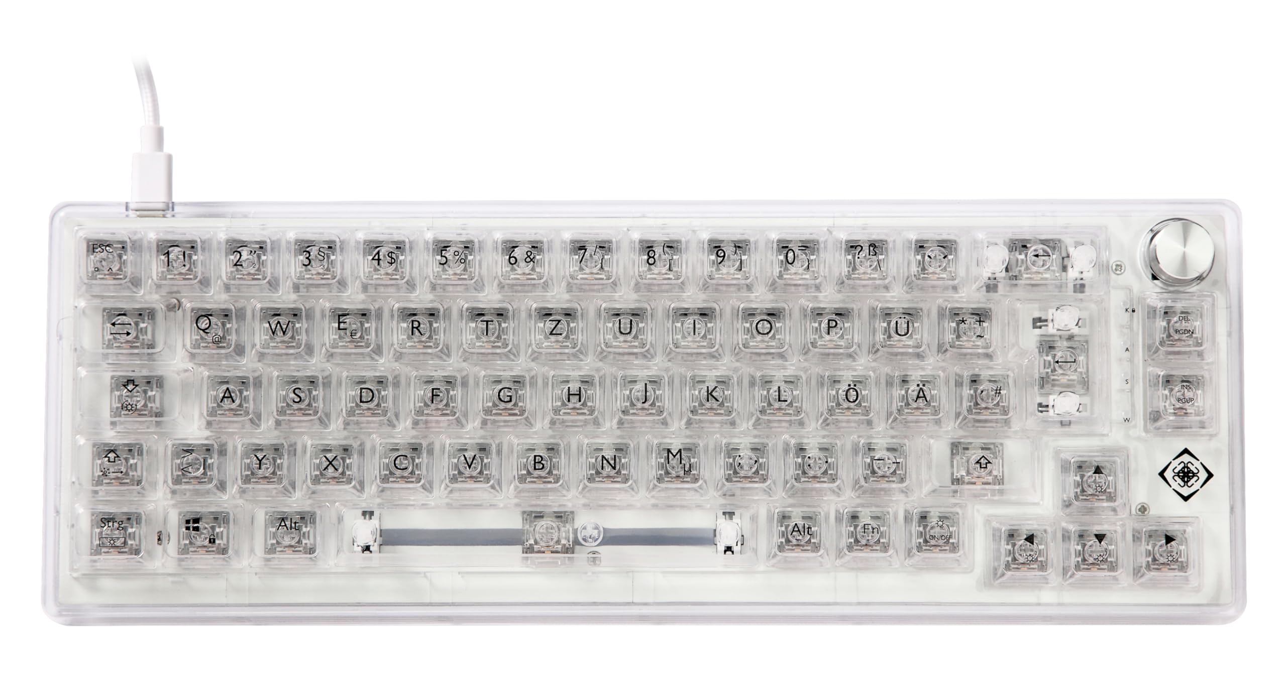 DELTACO GAMING DK460 – mechaniczna klawiatura gamingowa (oświetlenie RGB, układ QWERTZ, 65%, 67 klawiszy, USB-C) – przezroczysta
