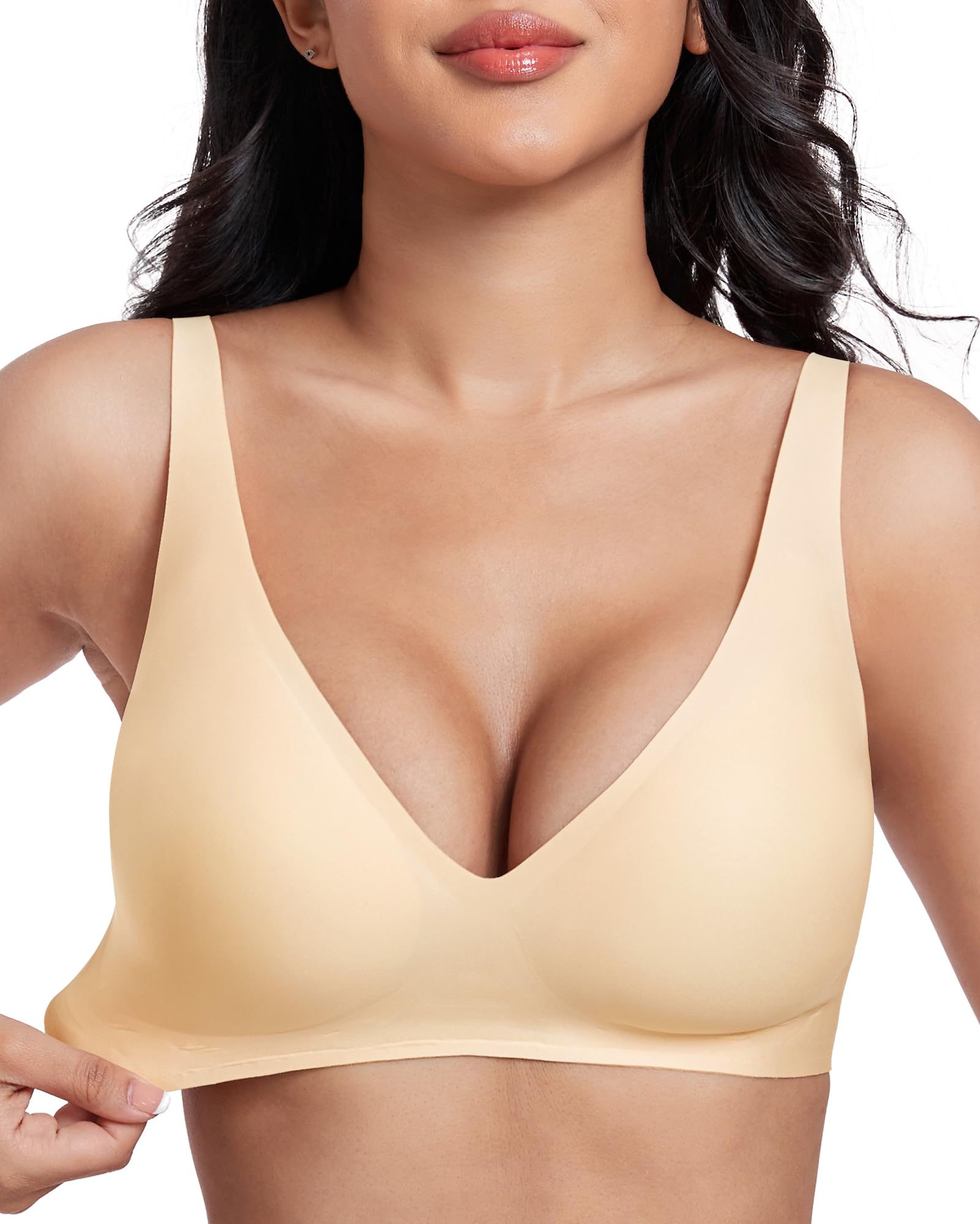 Vinfact Tiefer V BH Damen Ohne Bügel Nahtloser Bequemer Push up BH für Große Brüste Starker Halt T Shirt Schlaf BH
