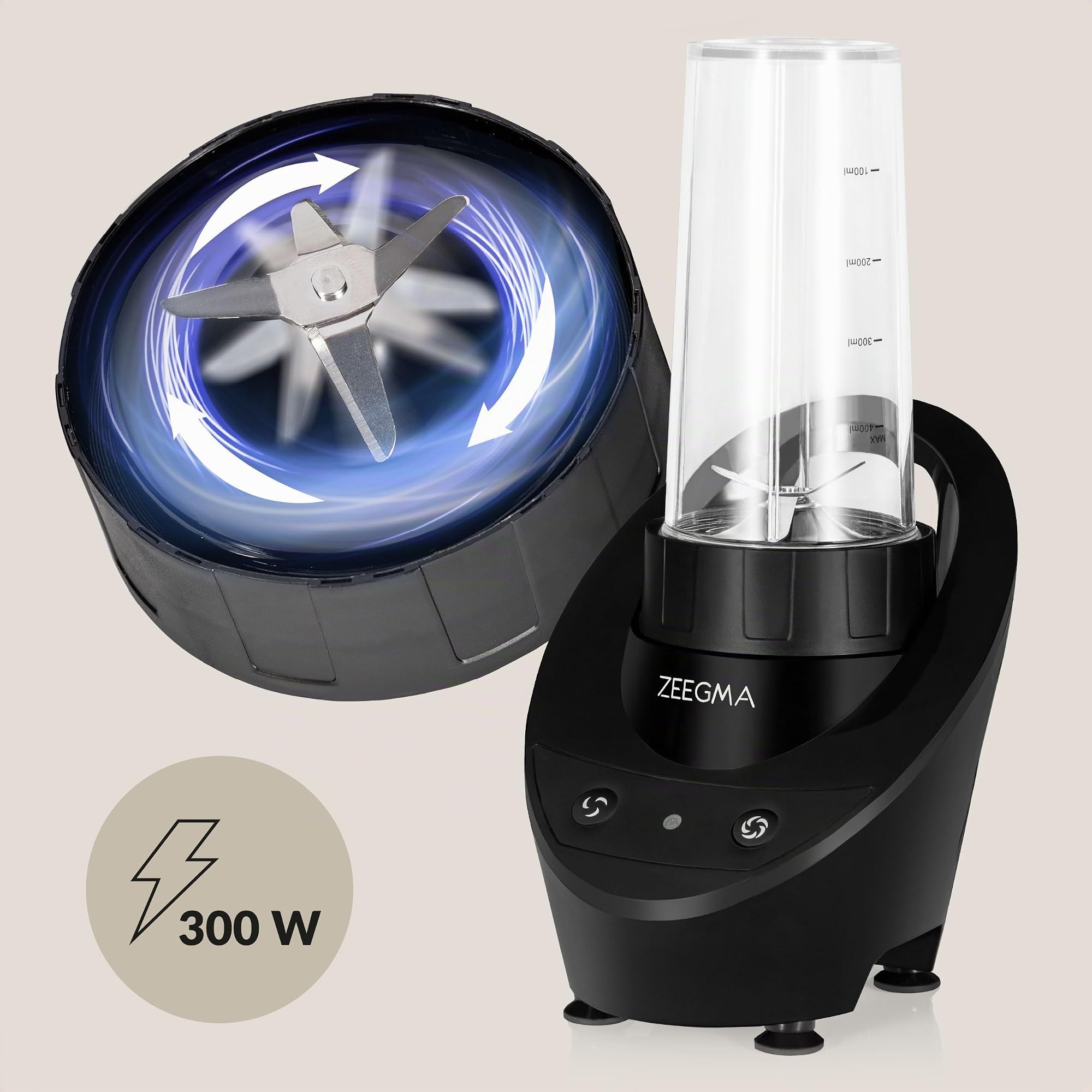ZEEGMA Vitamine Base Batidora Eléctrica para Cócteles y Smoothies 300W, Mini Batidora 2 Botellas Intercambiables 400ml, 2 Velocidades, Trituraración de Hielo y Botella Portátil