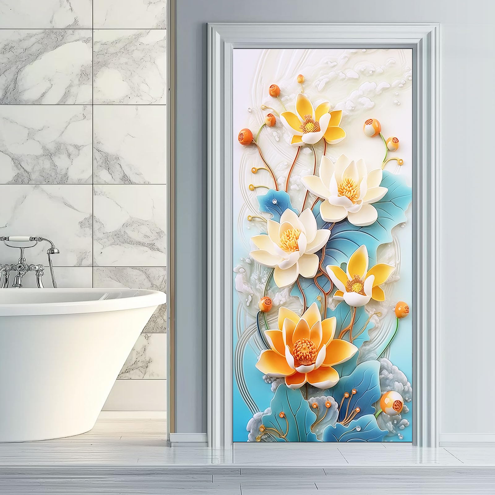 Floreale Lotus - Poster adesivo da parete, autoadesivo, motivo 3D cinese, piante foglie, blu adesivi per porta in PVC, per camera da letto, soggiorno, cucina, 95 x 215 cm