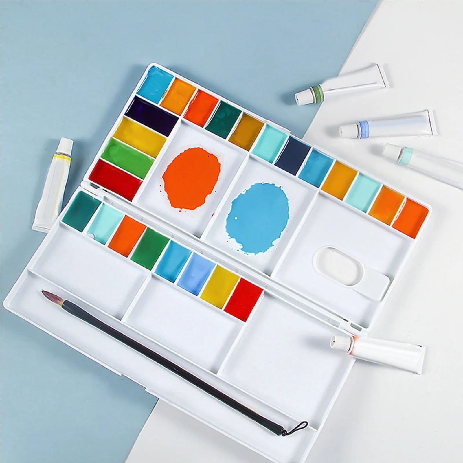 Paleta De Pintura Paleta de Colores de Acuarela, 3 uds., 24 pozos con Cubierta, Bandeja de Mezcla Gouache, Tablero de Paleta de Pintura, Herramienta de Pintura(28.9cmx12.9cm)
