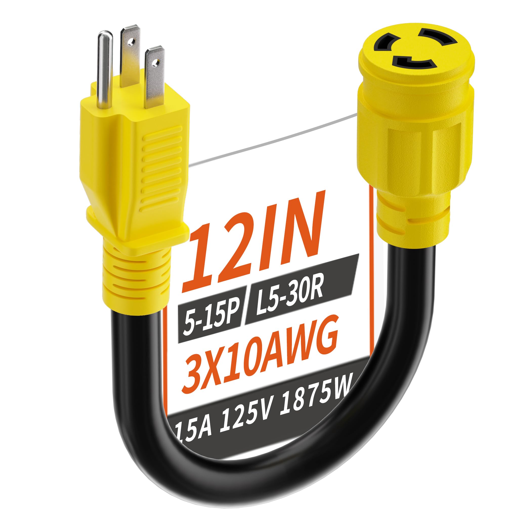PlugSaf 15 Amp to 30 Amp RV Generator Adapter Cord 12 inch, 15A 125V 1875W