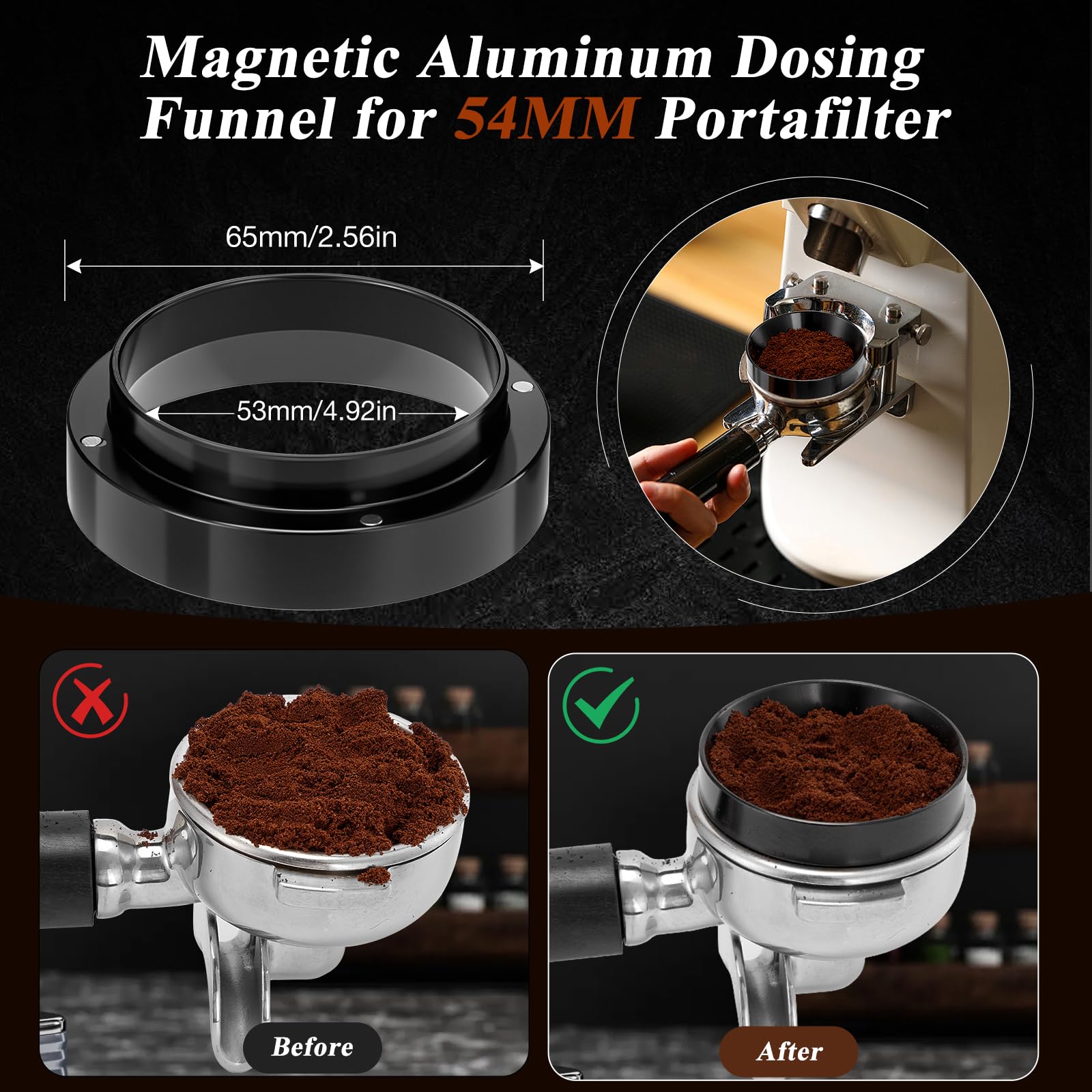 KNODOS Doseertrechter en Espresso Puck Screen Set Grinder Portafilter Trechter (zwart, 54mm Magnetisch