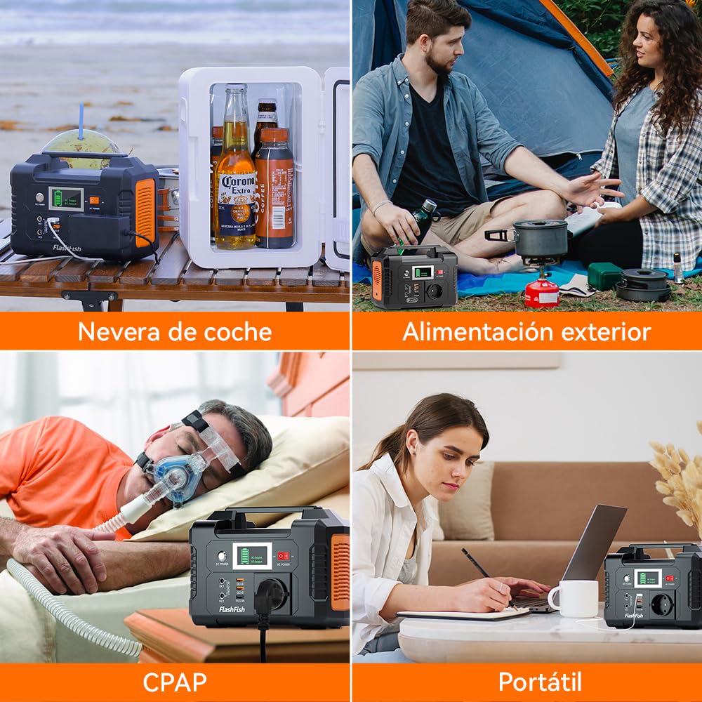 FlashFish estacion de energia portatil 200W, 151Wh Generador Solar, Salida de CA de 230V, Batería de Emergencia, Generador Electrico Portatil para Acampar, Aventuras y Emergencias