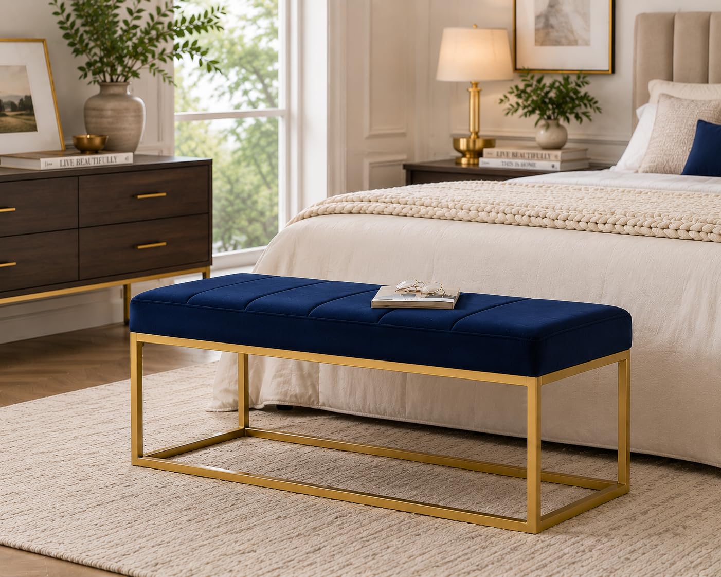 Luxury Velvet Bench with Gold Metal Frame, Tufted Channel Upholstered Accent Bench for Bedroom, Living Room, Entryway, Hallway & End of Bed Seating, (Navy Blue)-picture-21