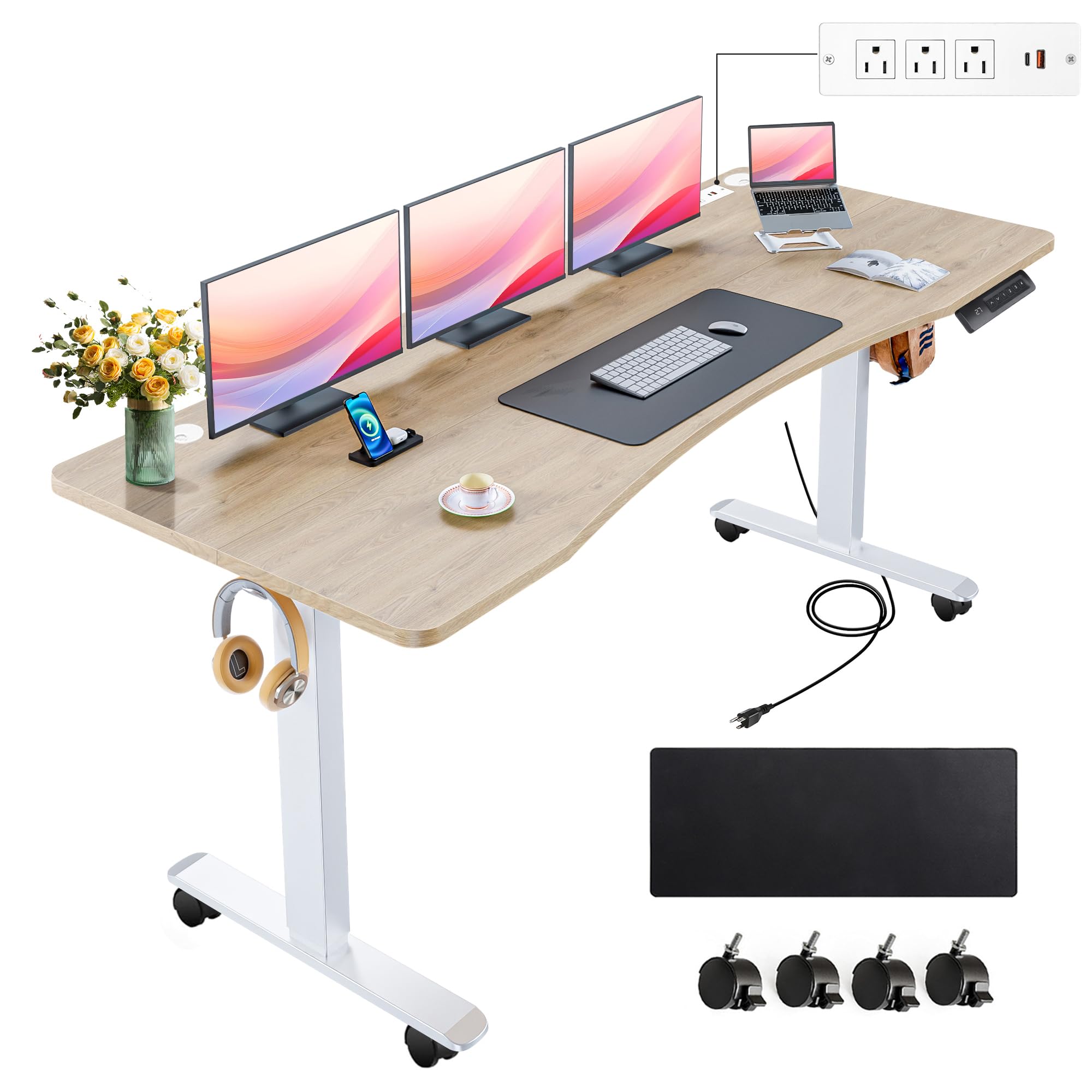 farexon Curved Electric Standing Desk Adjustable Height,63x24 Inches Sit Stand Up Desk with Outlet, Mouse Pad, Lockable Casters,27''-46'' Lifting