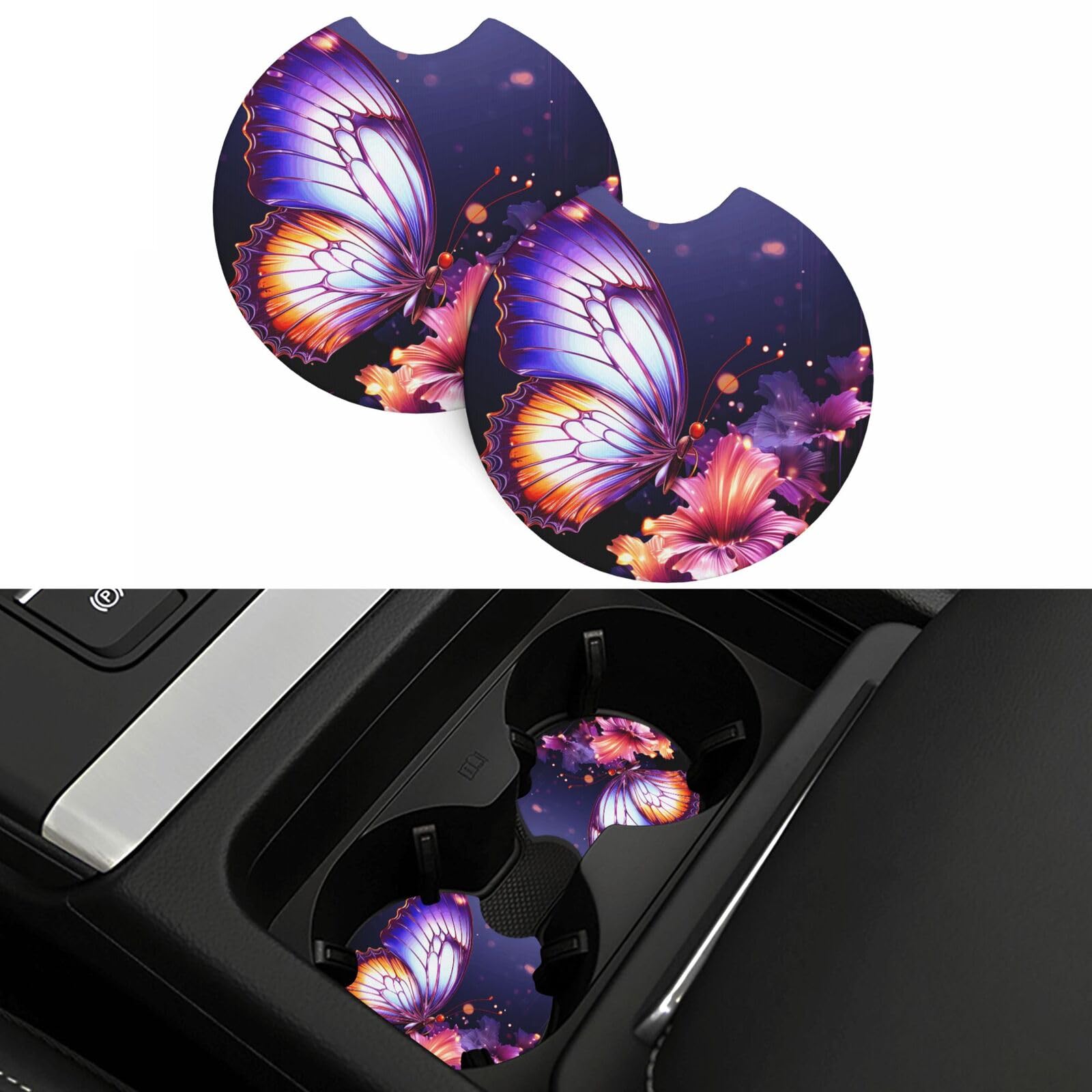Purple Butterfly Car Coasters 2 Pcs, Universal Non-Slip Rubber Car Cup Holder for Cup Holders, 2.75 Inch Neoprene Cup Pad Mat Coaster Car Interior Accessories for Women Men