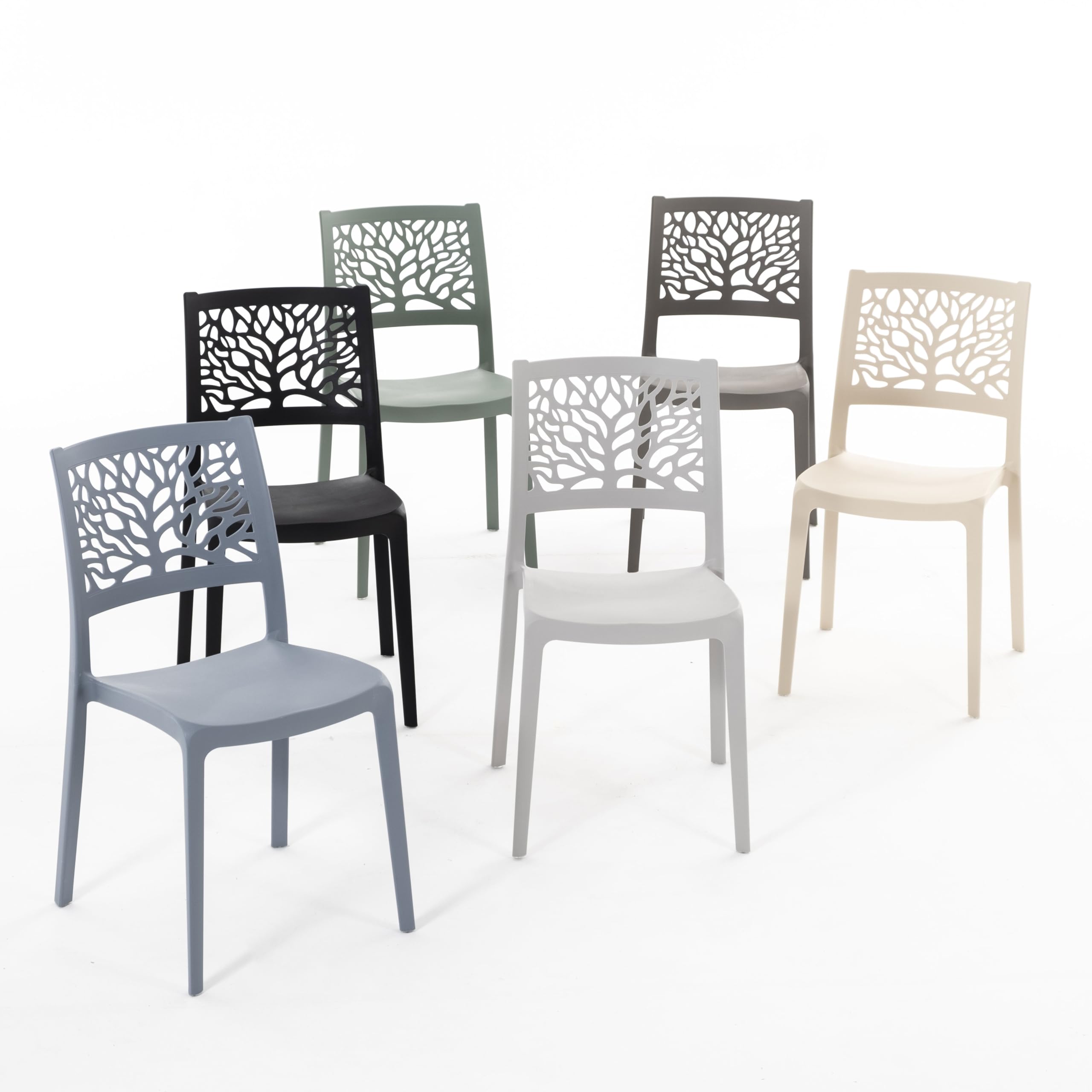 SIEDITI FUORI E DENTRO 6 x Grey Polypropylene Indoor Outdoor Chairs | Flora tree of life chair for kitchen, garden, bar and restaurant. Easy to clean, no assembly, stackable.