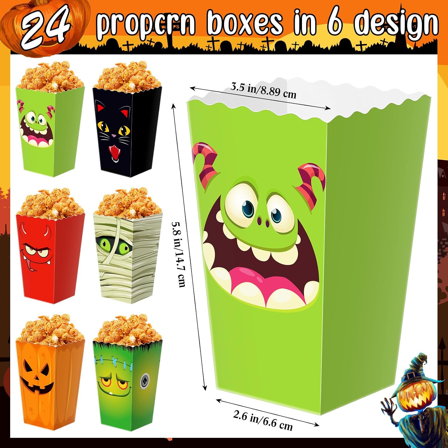 Roshtia 24 Pcs Halloween Popcorn Boxes, 6 Designs Treat Containers, Demon