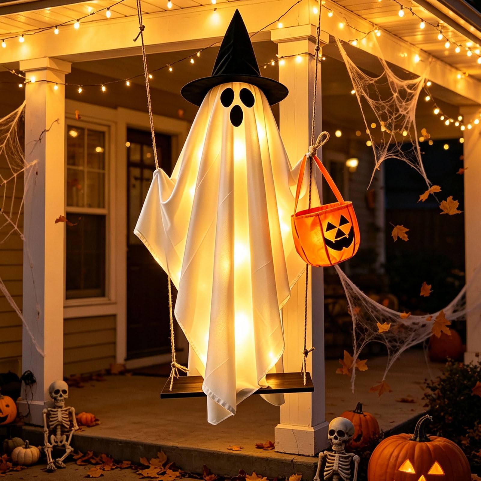 Halloween Deko Outdoor Leuchtend Geister Hängend mit Lichterkette 1.5M (A) | Hängende Geister Schaukel mit Kürbis Tüten, Gruselige Leuchtend Geist mit Hexenhut Auf Holzschaukel für Halloween Deko Garten