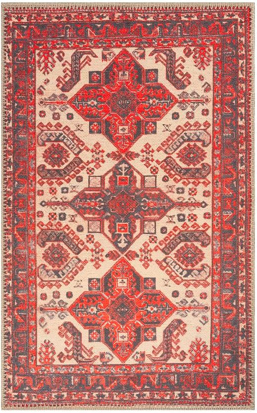 GLN Rugs Vintage Collection - Machine Washable Area Rug, Vintage Washable, Non Slip, Low Pile Rug, Living Room, Bedroom, Bathroom Rug - Easy Clean (2'x3' Red and Black)