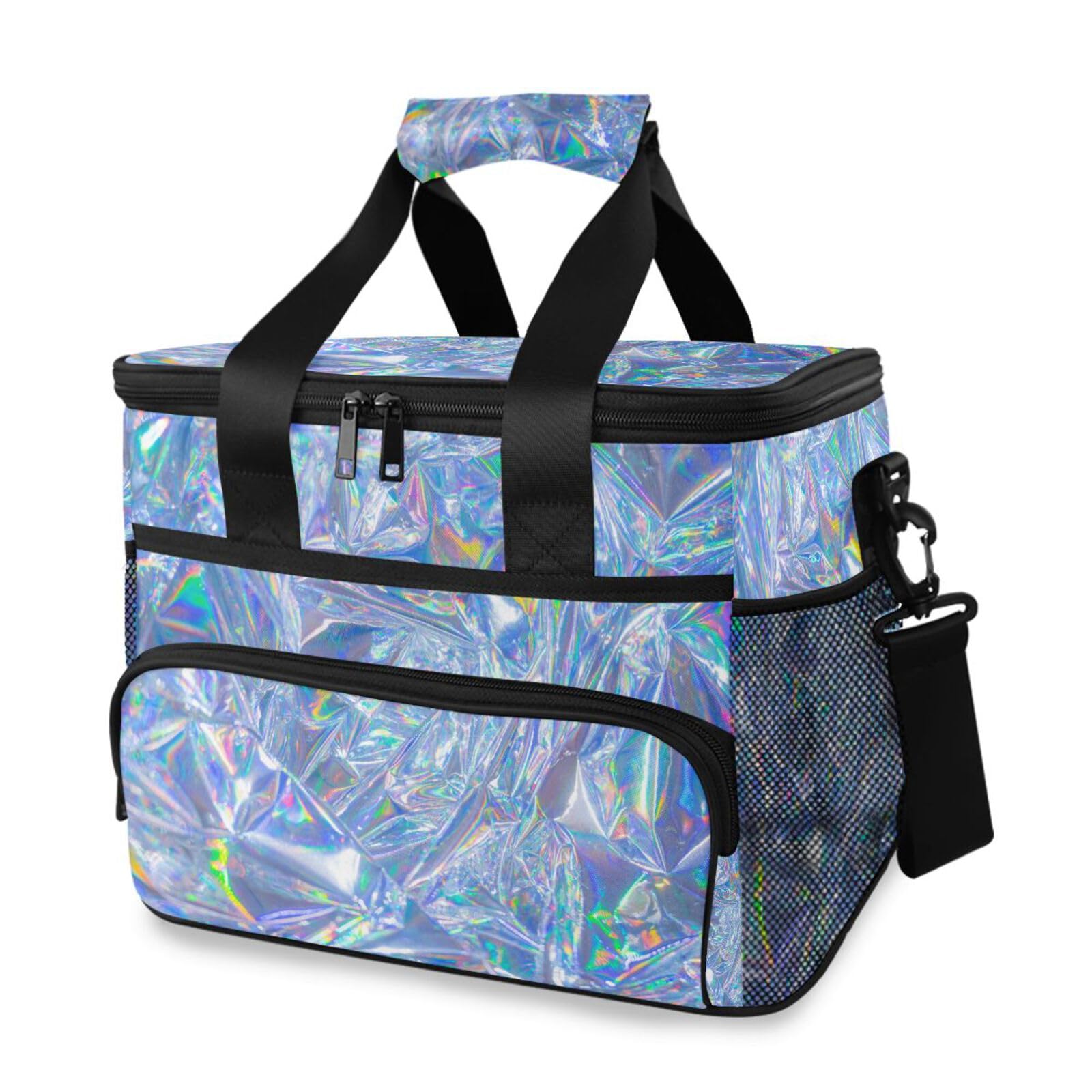 Moderna y hermosa bolsa térmica holográfica aislada para picnic, lonchera grande, reutilizable, bolsa de mano portátil de lado suave, enfriador de playa, comestibles, camping, viajes, para adultos,