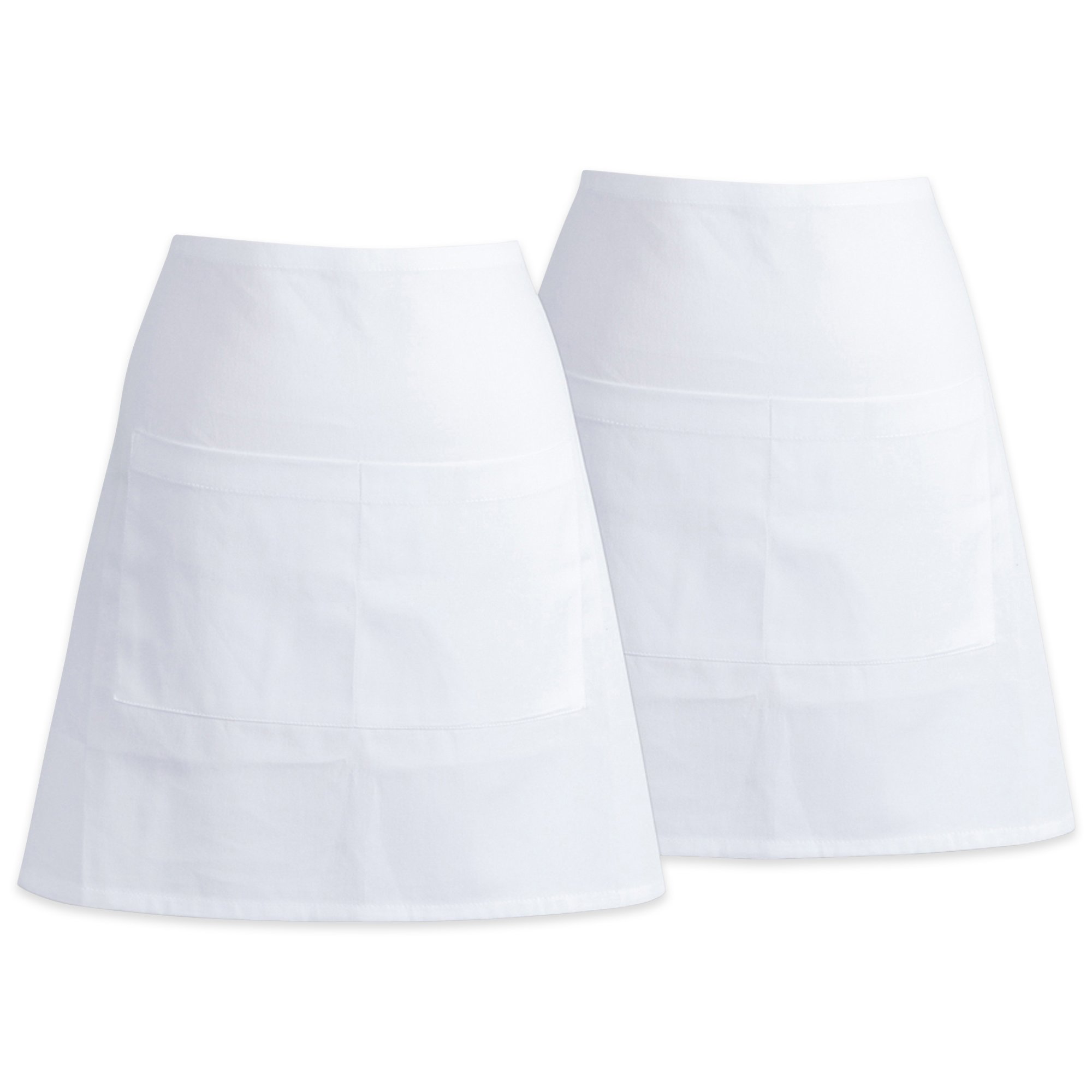 DII 100% Cotton Commercial 2 Pockets Waist Apron, Waitress/Waiter/Bartender Uniform Money Half Apron for Restaurant, Bar, Café, Coffee Shop, Bistro, Set of 2-White