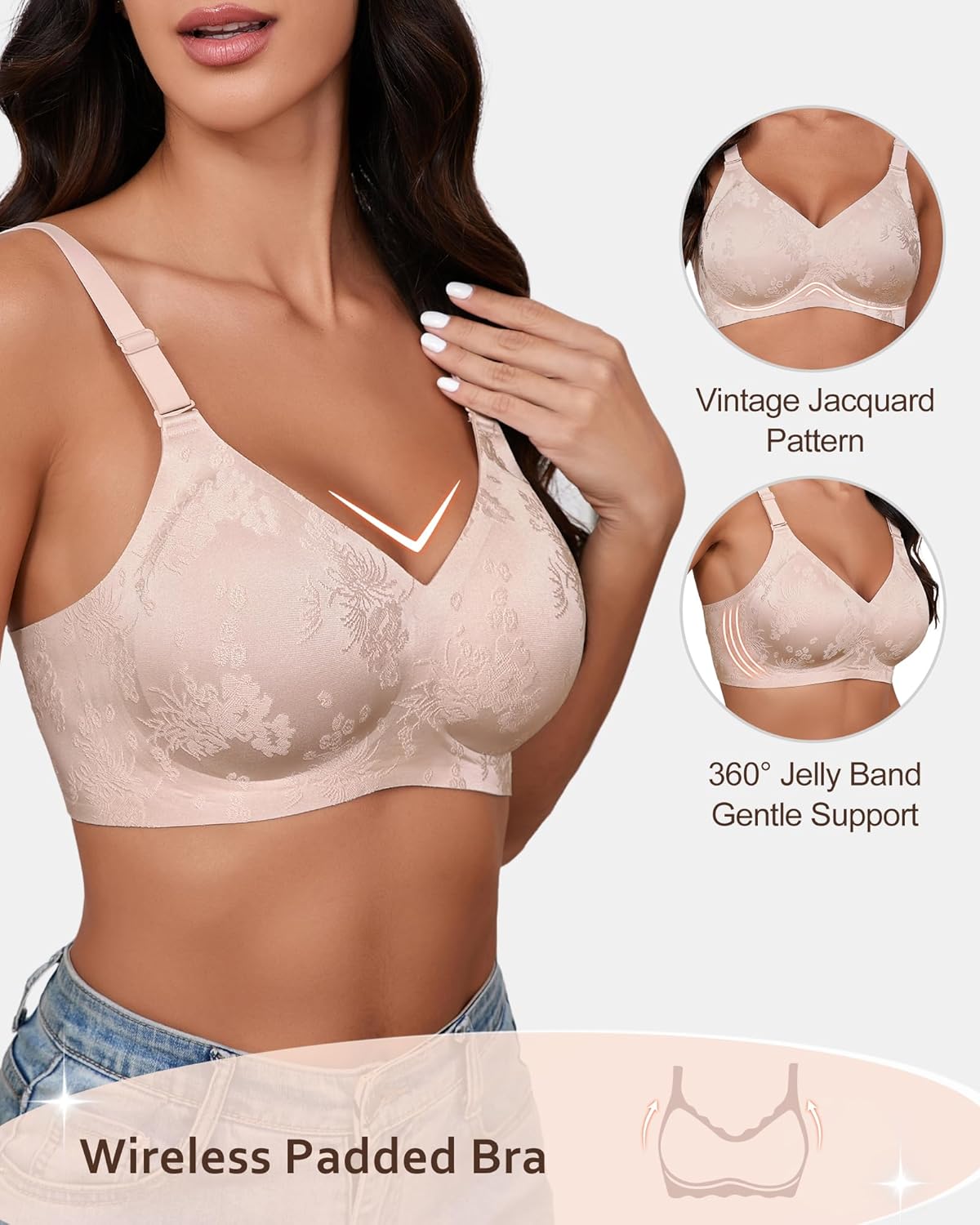 SHARICCA Jelly Bras for Women No Underwire Padded Full Coverage Jacquard Bra Comfort Soft Convertible Crisscross Bras - Image 2