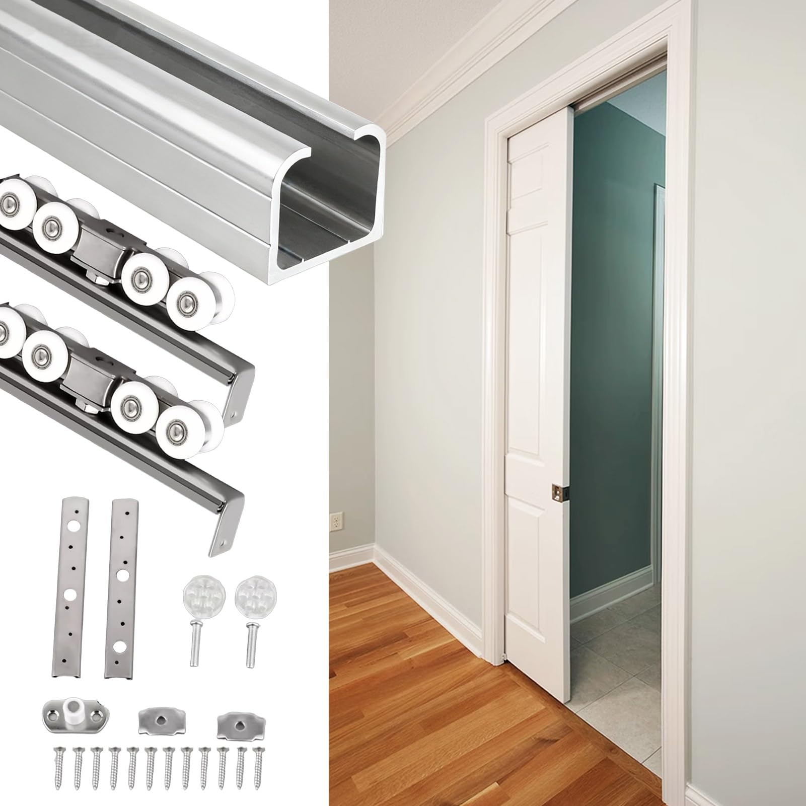 Zestaw Drzwi Przesuwnych Zestaw Wymiennych Elementów Do Prowadnic Drzwi Przesuwnych Do Szafy Z Górnym Mocowaniem, Aluminiowa Szyna Z Cichym, Podwójnym Kółkiem(Silver,208cm(82in))