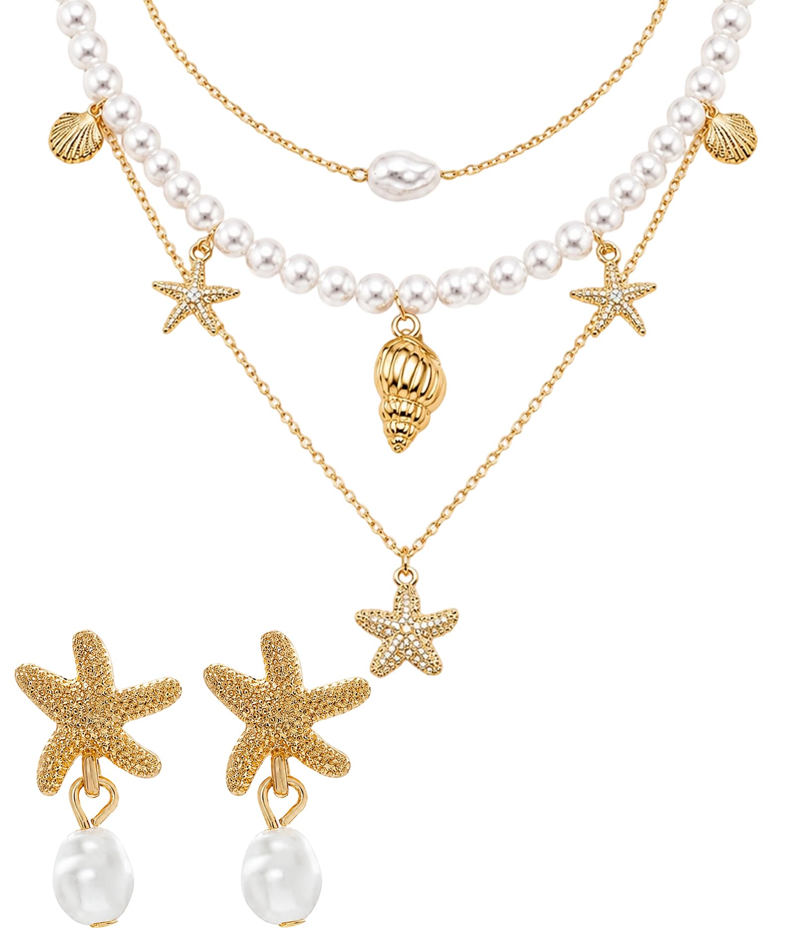 embroidery Beach Jewellery for Women, Coastal Fashion Accessories for Summer Vacations and Pool Parties, Gold Three-Layer Starfish Necklace with Pearl Starfish Earrings Set 2Pcs-picture-39