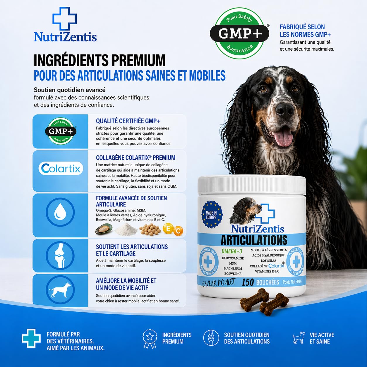Articulation Chien 300 Bouchées Anti Inflammatoire Chien Glucosamine Chondroïtine MSM Collagène Colartix® Omega 3 Poudre de Moule Verte | Fabriqué en Europe | 300 Bouchées au Poulet