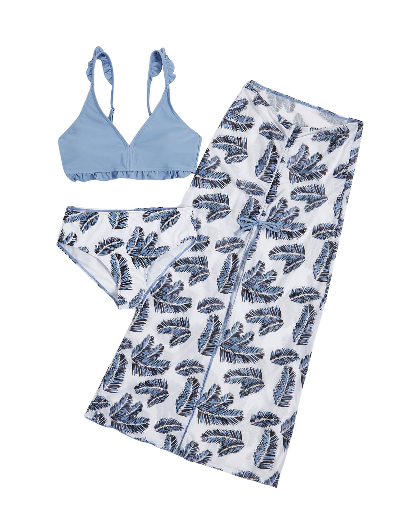 Verdusa Girl's 3 Piece Ruffle Trim Bathing Suit Bikini Swimsuits with Cover Up Skirt Dusty Blue 12Y