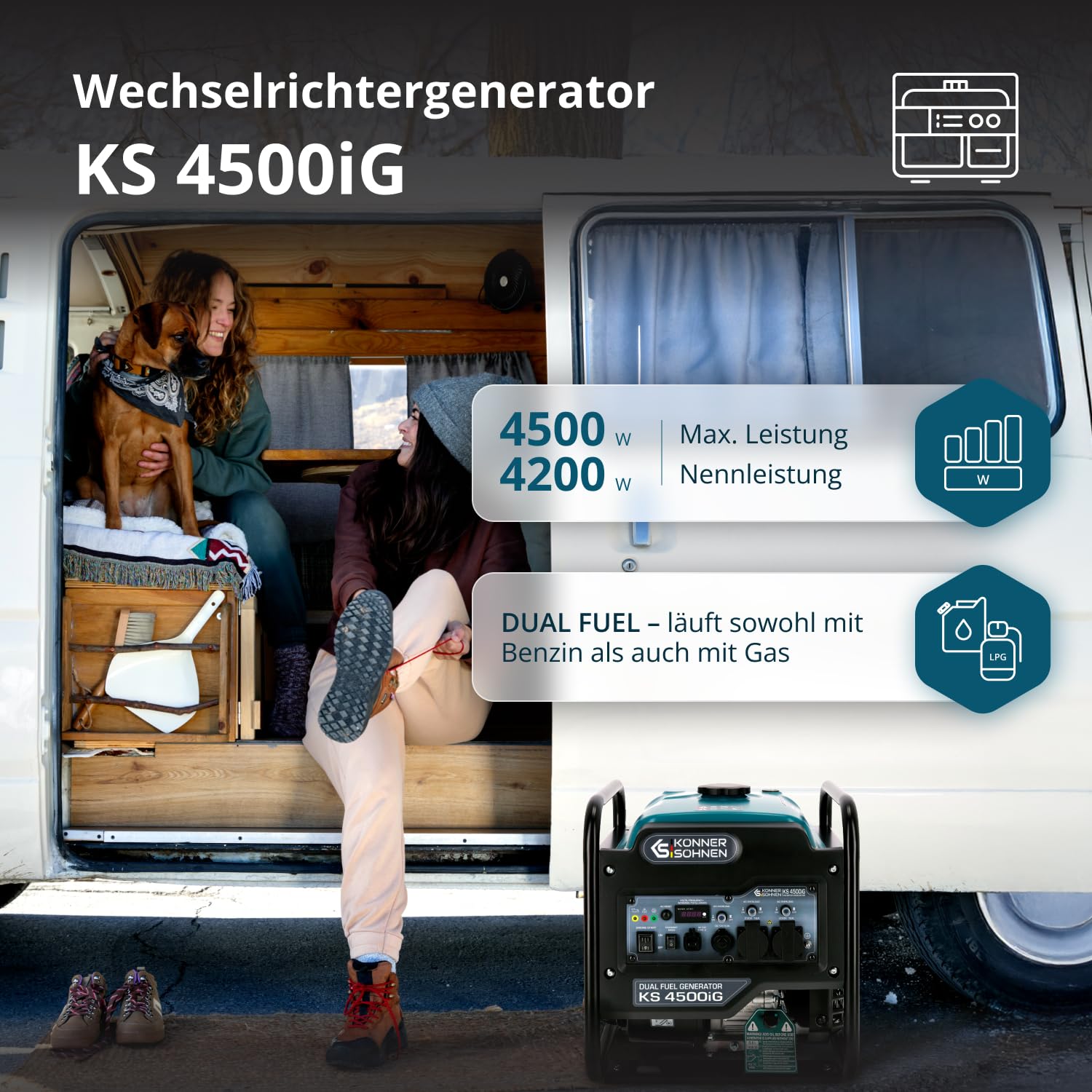 K&S Könner&Söhnen KS 4500iG Générateur Inverter (gaz/essence) 4500 W, générateur d'énergie avec USB, mode Eco | Groupe électrogène de secours pour camping, maison et atelier, générateur inversé