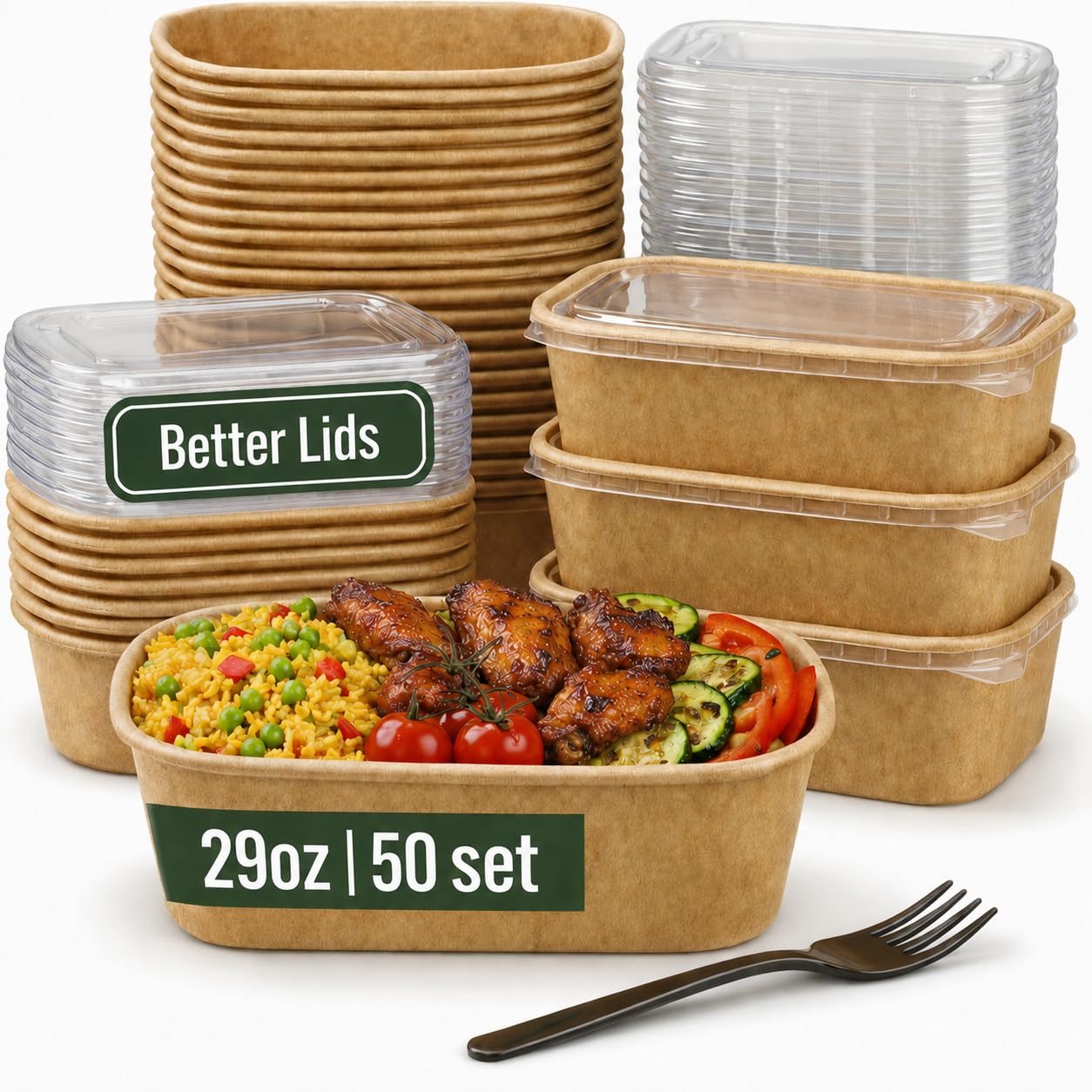50 Pack 29oz Disposable Meal Prep Containers with Lids, Paper Food Bowls