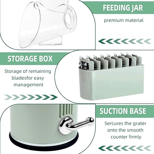 Miniatura 3 de Rallador rotativo de queso con asa, triturador de verduras con 5 cuchillas reemplazables y base de succión fuerte, rebanador redondo de alimentos y