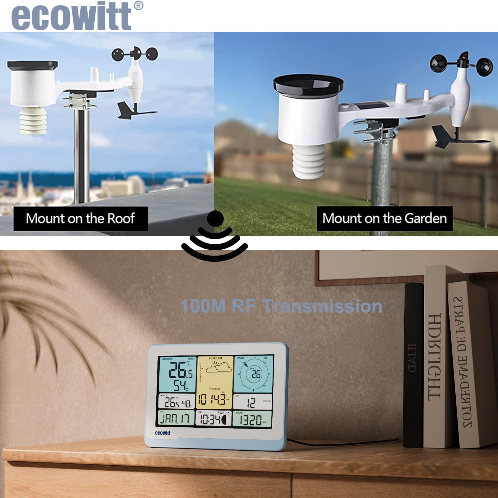 ECOWITT Stacja pogodowa z czujnikiem zewnętrznym WS3820, 7 w 1, energia słoneczna, Wifi dom pogoda czujnik zewnętrzny WS69, 7,5 ogród, bezprzewodowy, kolorowy wyświetlacz LCD do wnętrz