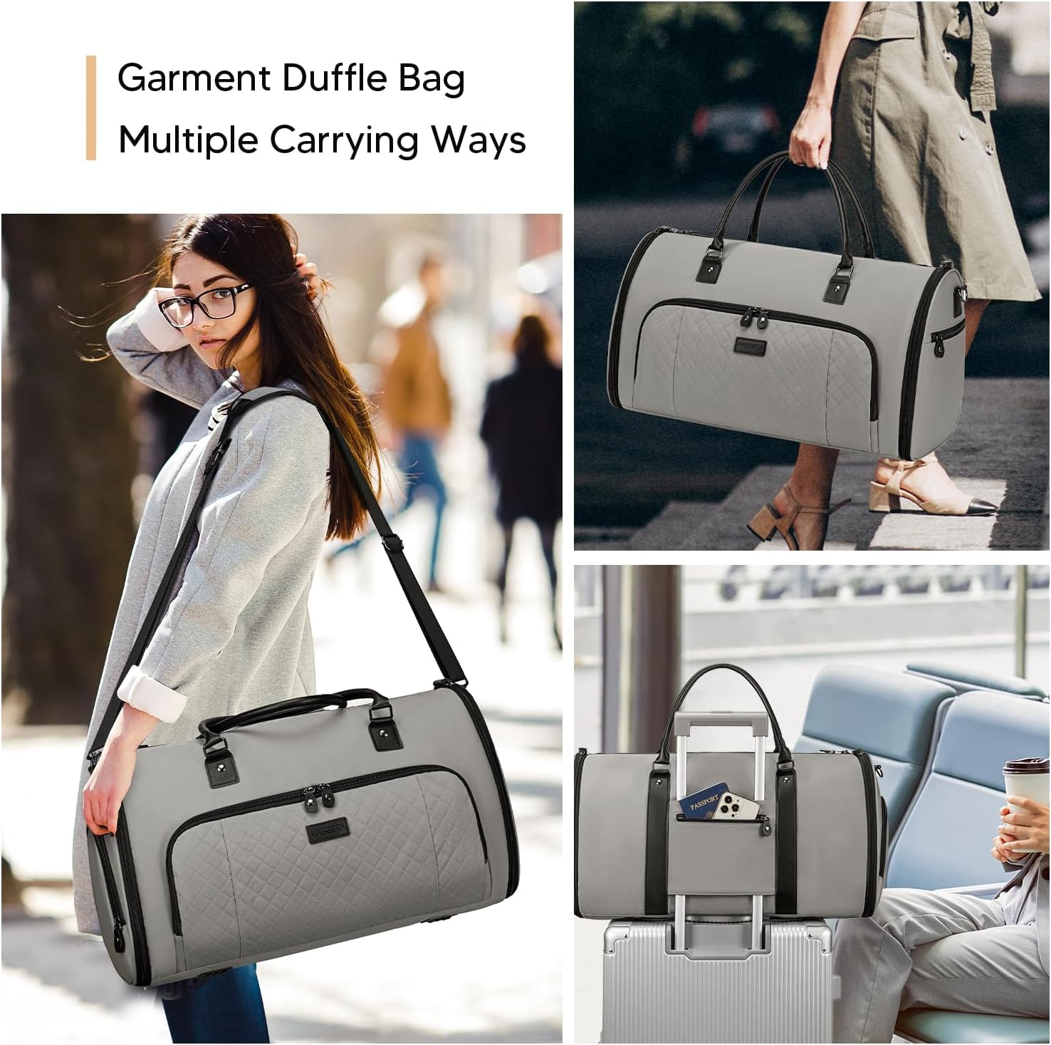 Garment Bag for Airplane Travel, Carry On Garment Duffle Bags for Women, 2 in 1 Travel Suit Bag with Shoes Compartment Carry on Bag Hanging Garment Bag Travel with Shoulder Strap,Grey - Image 5