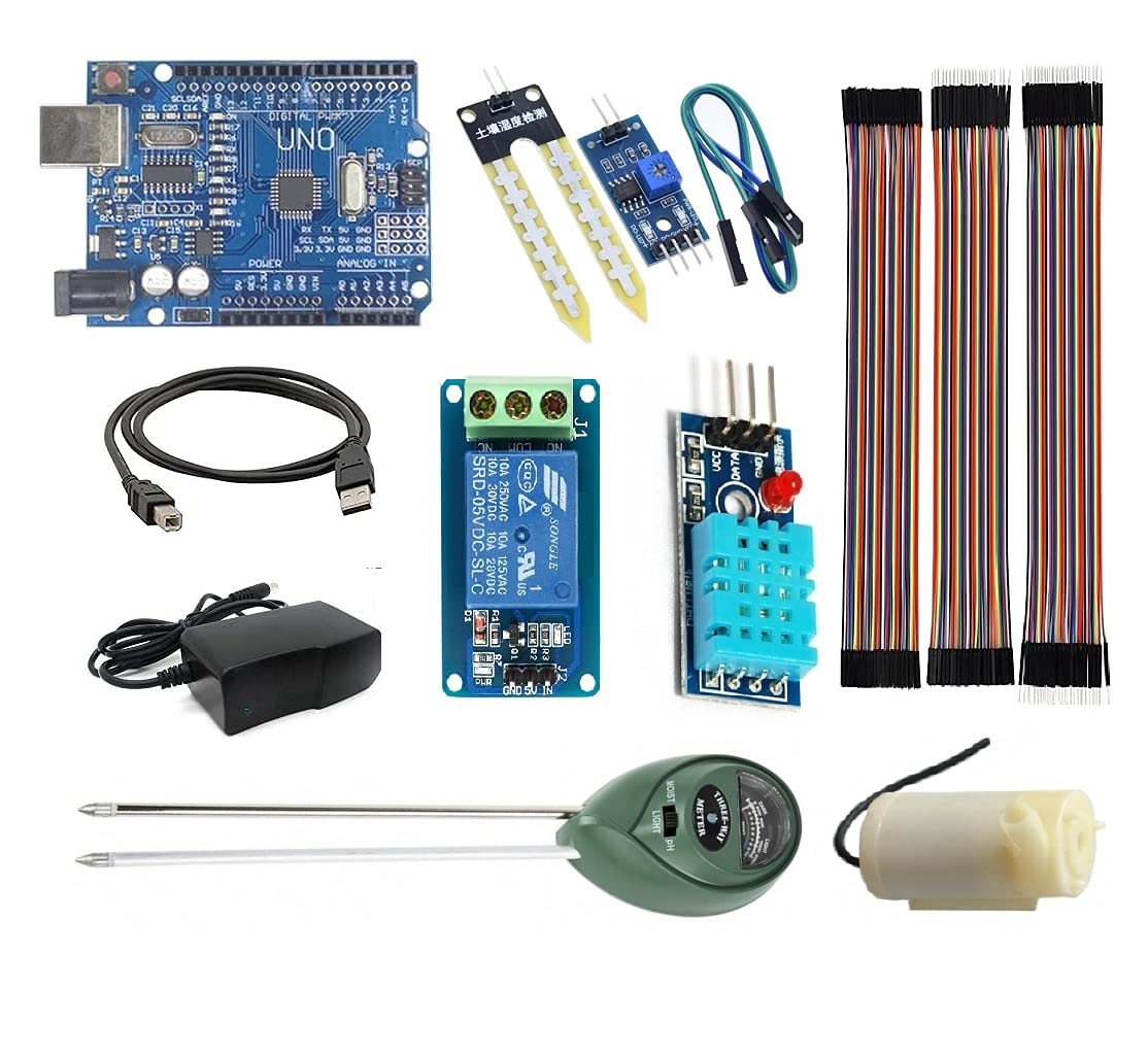 OLA10038 Auto Irrigation and Agritech Kit including UNO R3, Relay 1 Channel 5V, PH Sensor Analog, Soil Moisture Sensor, DHT 11 Humidity Sensor Module, Water Pump and Adaptor Compatible with Arduino Platform