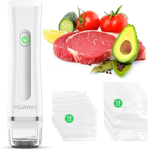 Sellador al vacío con 30 bolsas, sellador de mano con tanque de agua visible, portátil para 6 veces frescura, vacío y almacenamiento de cocina