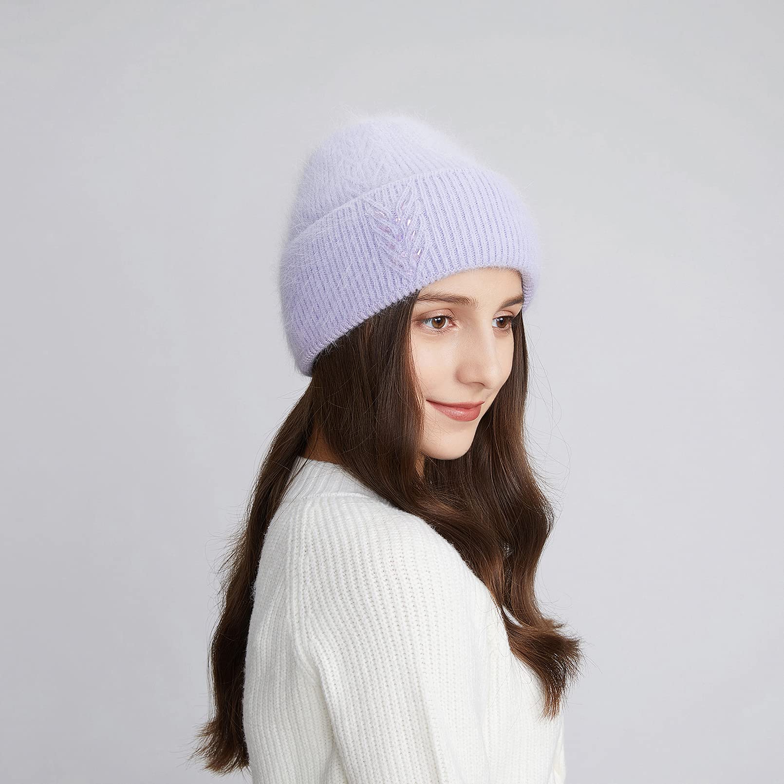 BeFur Bonnet à pompon en cachemire pour femme - Chaud - Côté large avec strass - Pour l'hiver, Violet, Taille unique