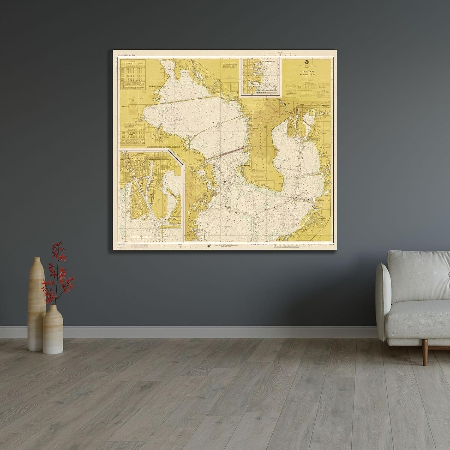 ArtDirect Nautical Chart - Tampa Bay - Northern Part ca. 1975 - Sepia Tinted Framed Art Print Giclee Print or Canvas Options with Various Sizes and Custom by NOAA Historical Map and Chart Collection