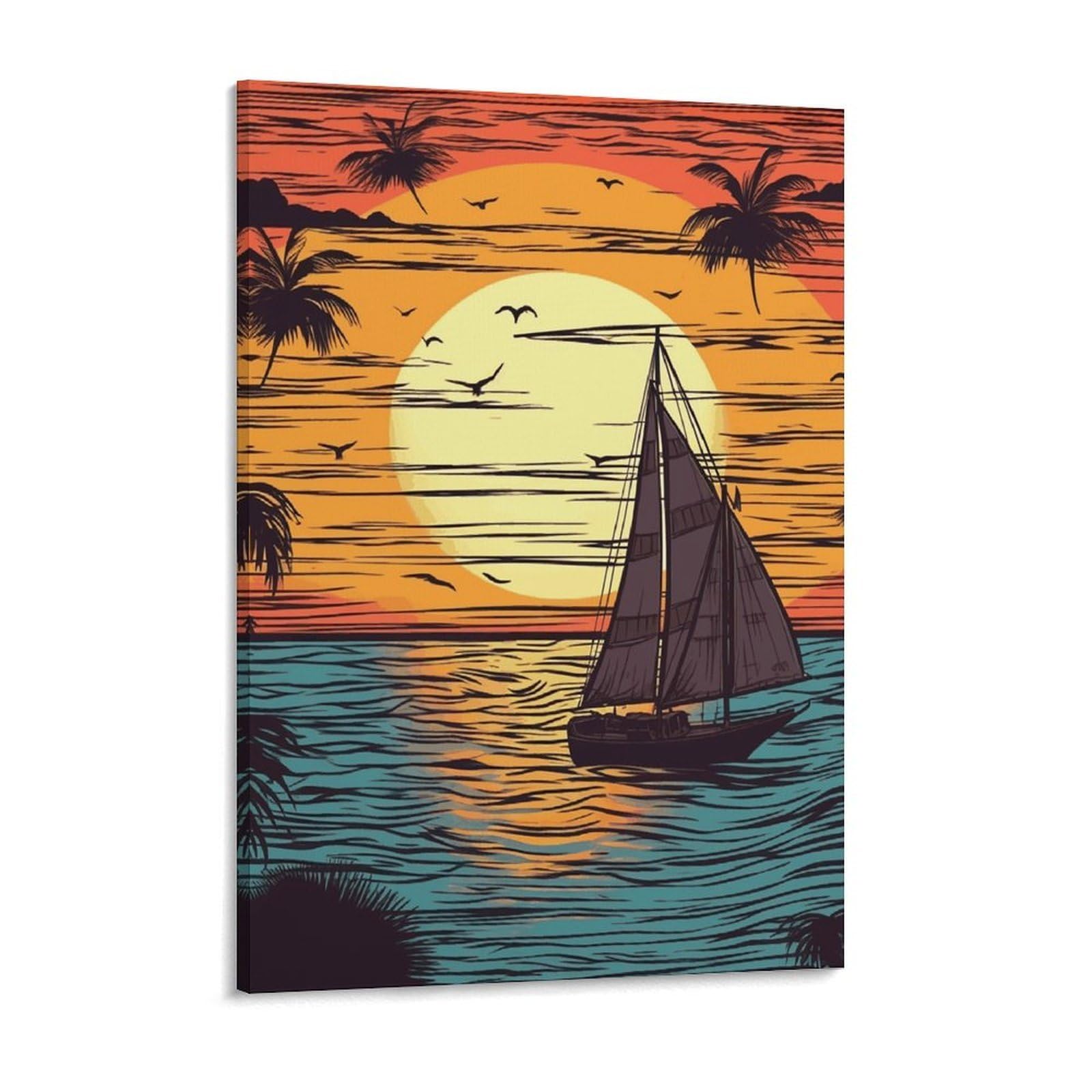 NTVOWPZO Sunset And Sailboat Canvas Wall Art for Bedroom 18x24inch Canvas Prints Artwork for Walls Modern Picture Artwork Painting for Living Room Aesthetic Wall Paintings for Bathroom Kitchen Office