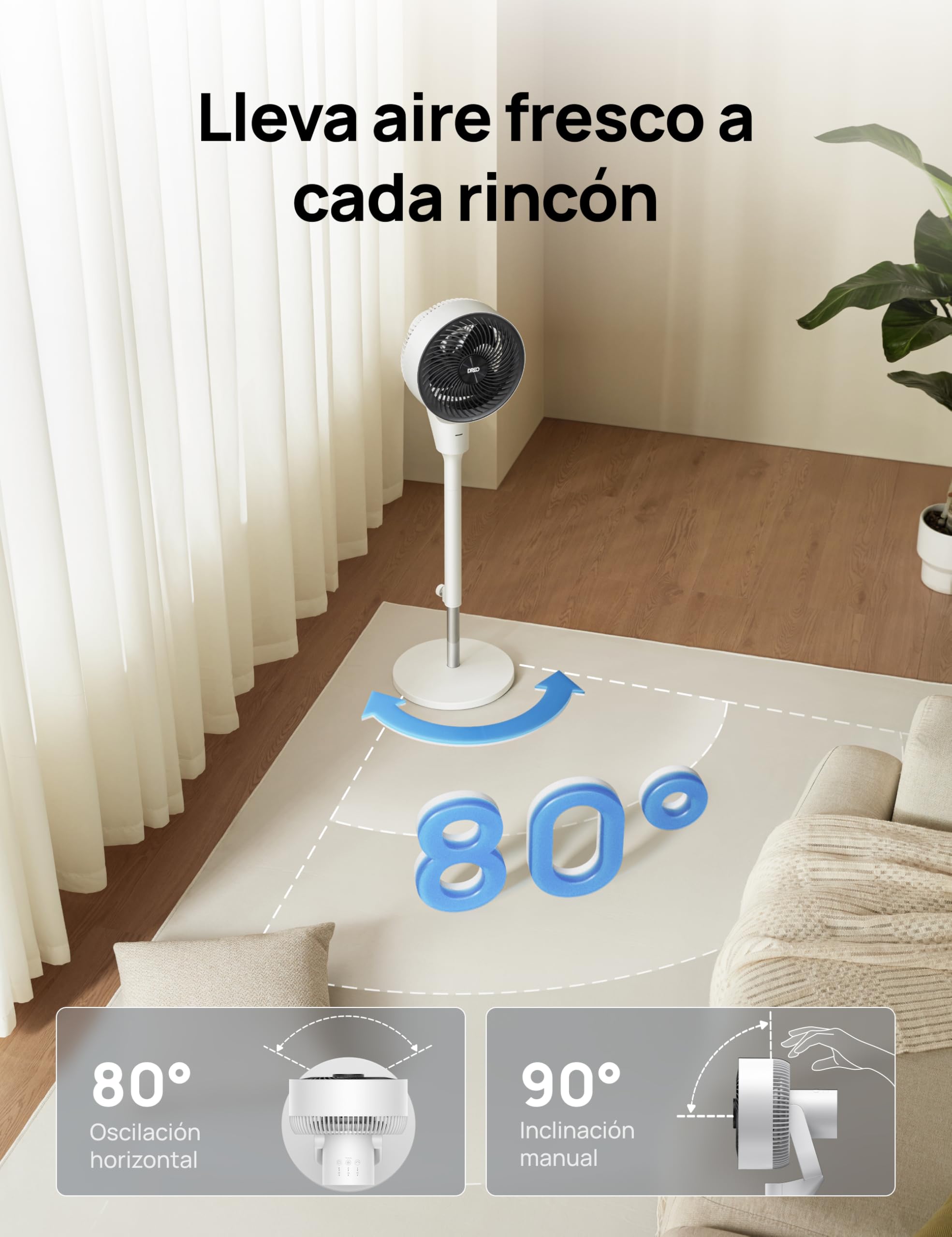 Dreo Ventilatore a Piantana Silenzioso 25dB, Oscillazione Orizzontale Automatica 80°, 3 Velocità, Portata fino a 24m, Potente con Telecomando, Inclinazione Verticale Manuale 90°, Timer 6 Ore