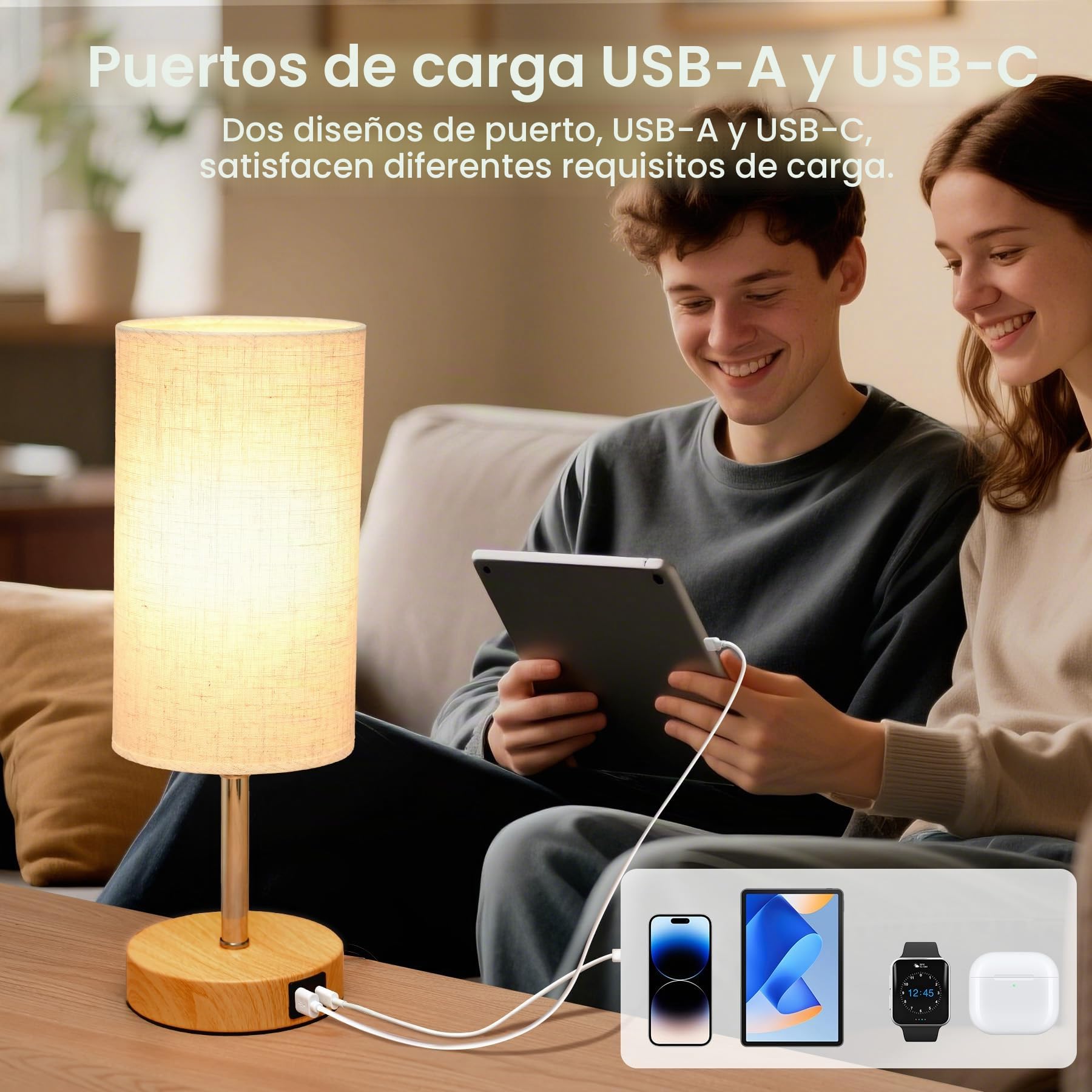 Görvitor Lámpara de noche táctil regulable, juego de 2 unidades, con puertos de carga USB-A/C, pantalla de lino y 3 niveles de brillo, lámpara de noche con cable para dormitorio (bombilla de 9 W