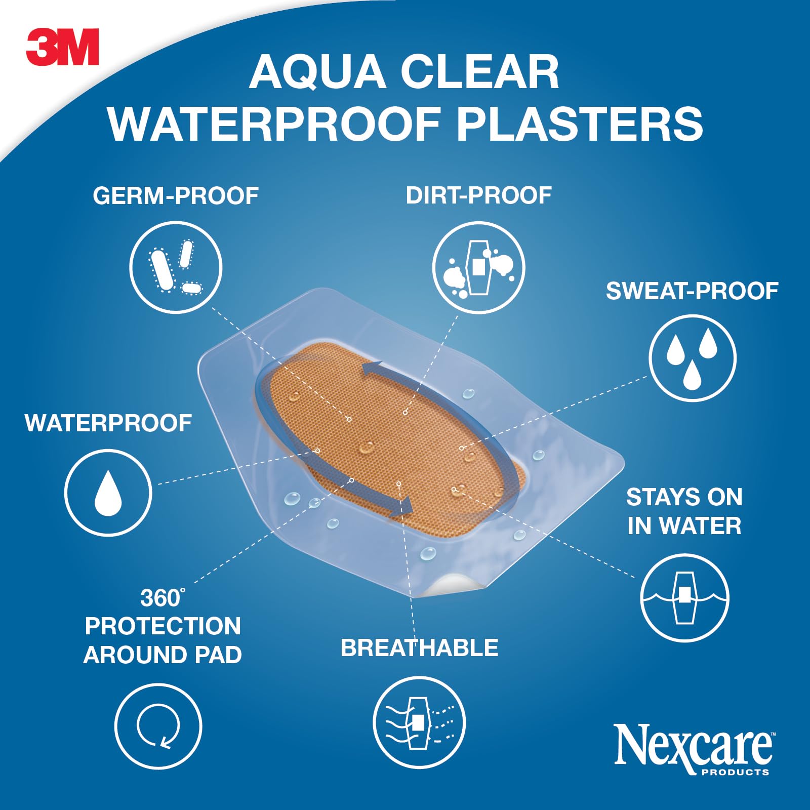 Nexcare Aqua Clear Maxi Waterproof Bandages by 3M Pack of 10, Large Transparent 100% Waterproof Plasters for Bigger Cuts & Grazes, Discreet Breathable Dressing that Stays Sealed in Water