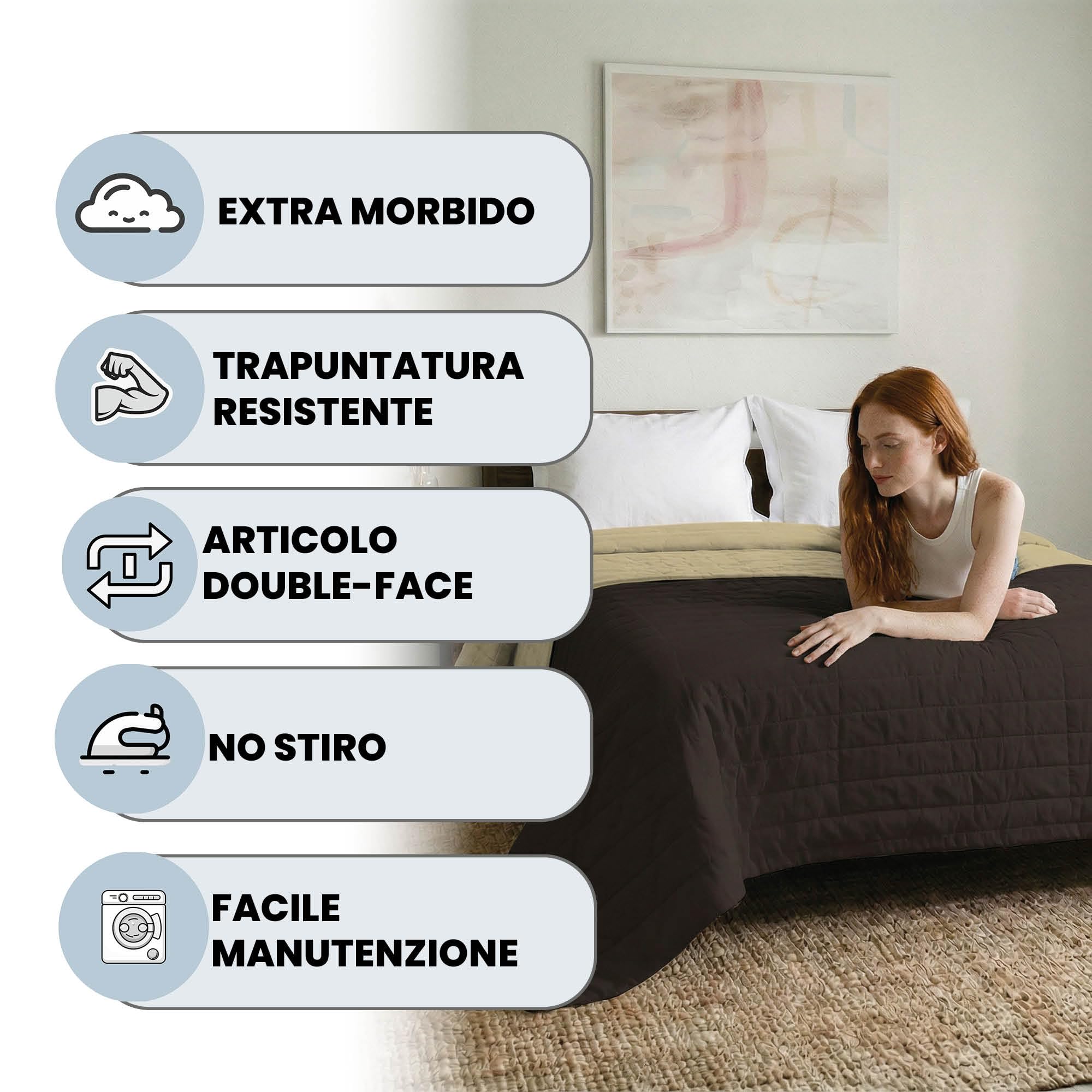 TRAPUNTINO ESTIVO ELEGANT NO STIRO - Made in Italy - Copriletto Matrimoniale 260x270 cm in Morbida Microfibra - Tinta Unita - DoubleFace - Trapunta 100 g - Marrone/Panna