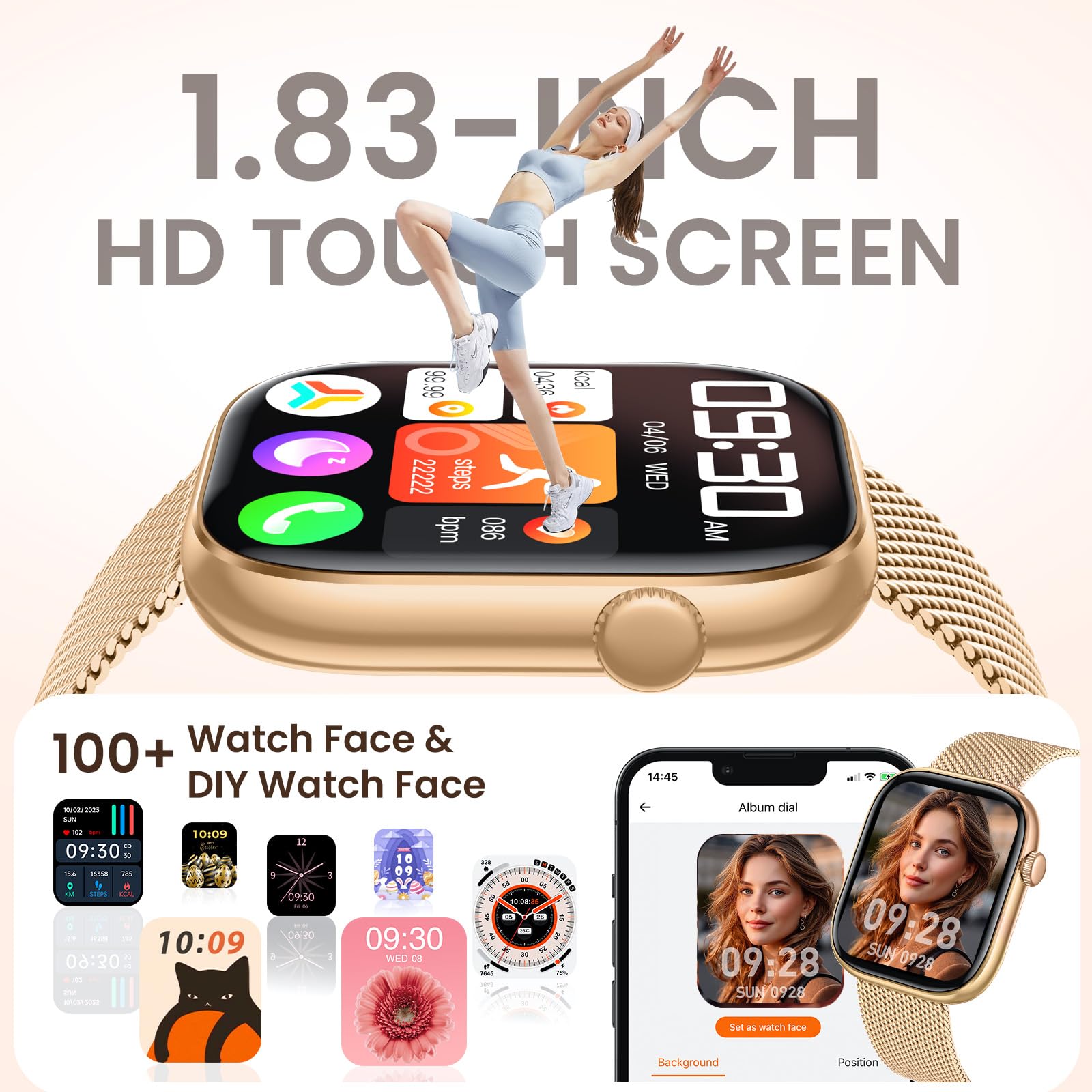 Smartwatch Donna Orologio con Chiamate Bluetooth: 1.83" Oro Smart Watch con QuadranteDinamico Contapassi Monitoraggio Sonno Sportivo Fitness Tracker IP67 impermeabile AI Vocale Compatibile Android iOS