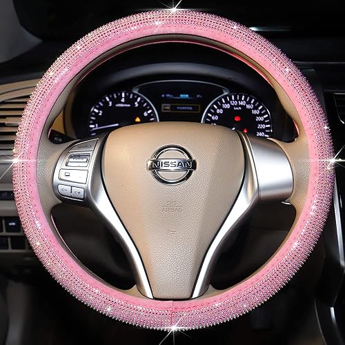 Miniatura 5 de Carwales Funda de volante rosa brillante para mujer, accesorios de automóvil deslumbrantes con diamantes de imitación brillantes