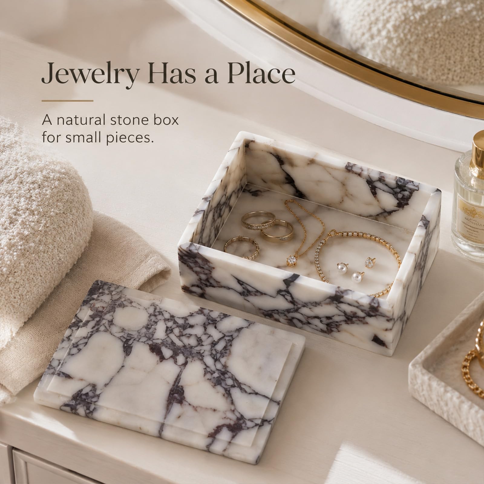 Caja de almacenamiento de mármol de lujo con tapa, patrón de venas blancas y moradas, organizador decorativo para brochas de maquillaje, joyas, accesorios de baño (rectangular)