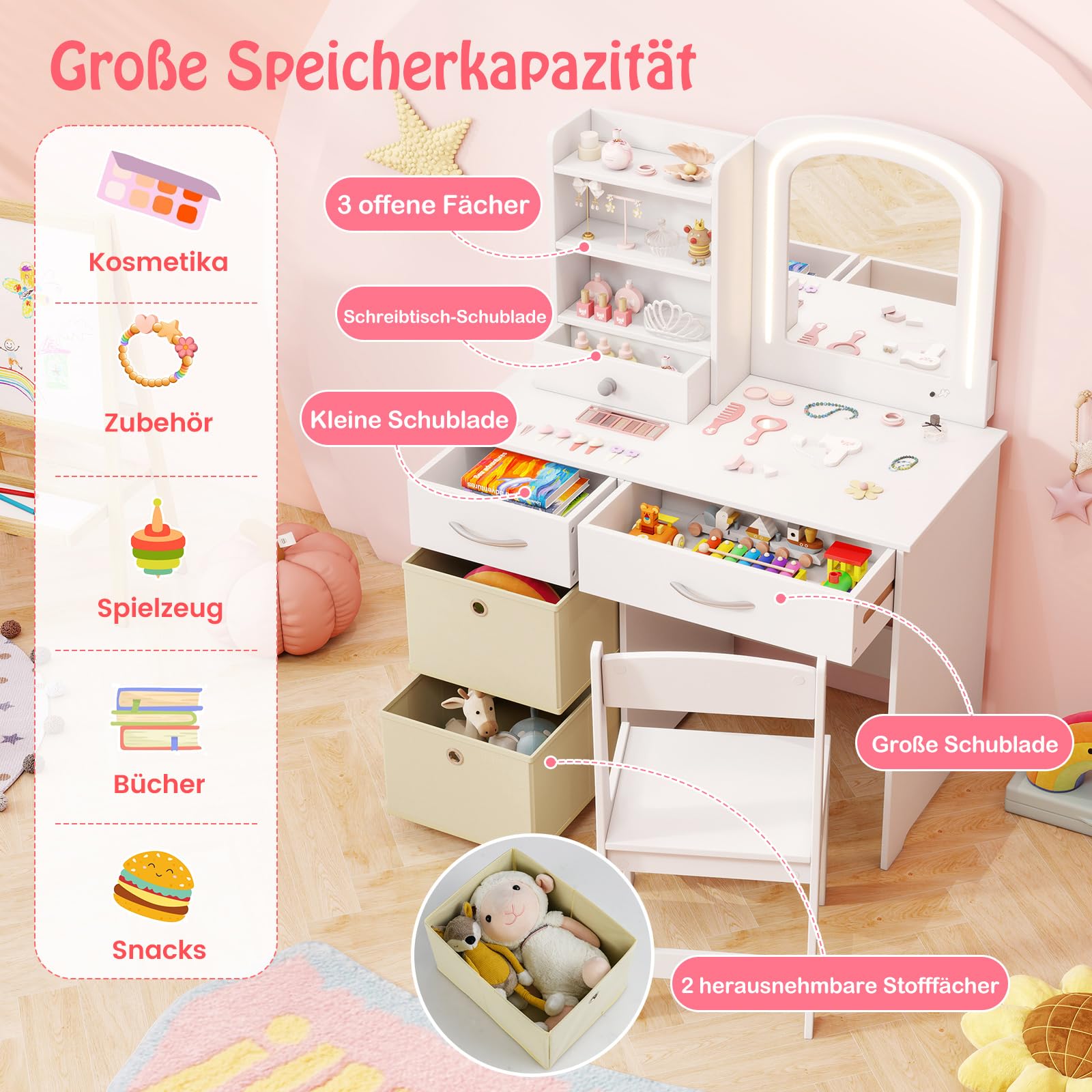 COSTWAY Kinder Schminktisch mit Beleuchtung, Kinderschminktisch mit Spiegel, Schubladen & 2 Aufbewahrungsboxen, Frisiertisch Prinzessin mit Hocker, Kosmetiktisch für Mädchen ab 3 Jahren, Weiß