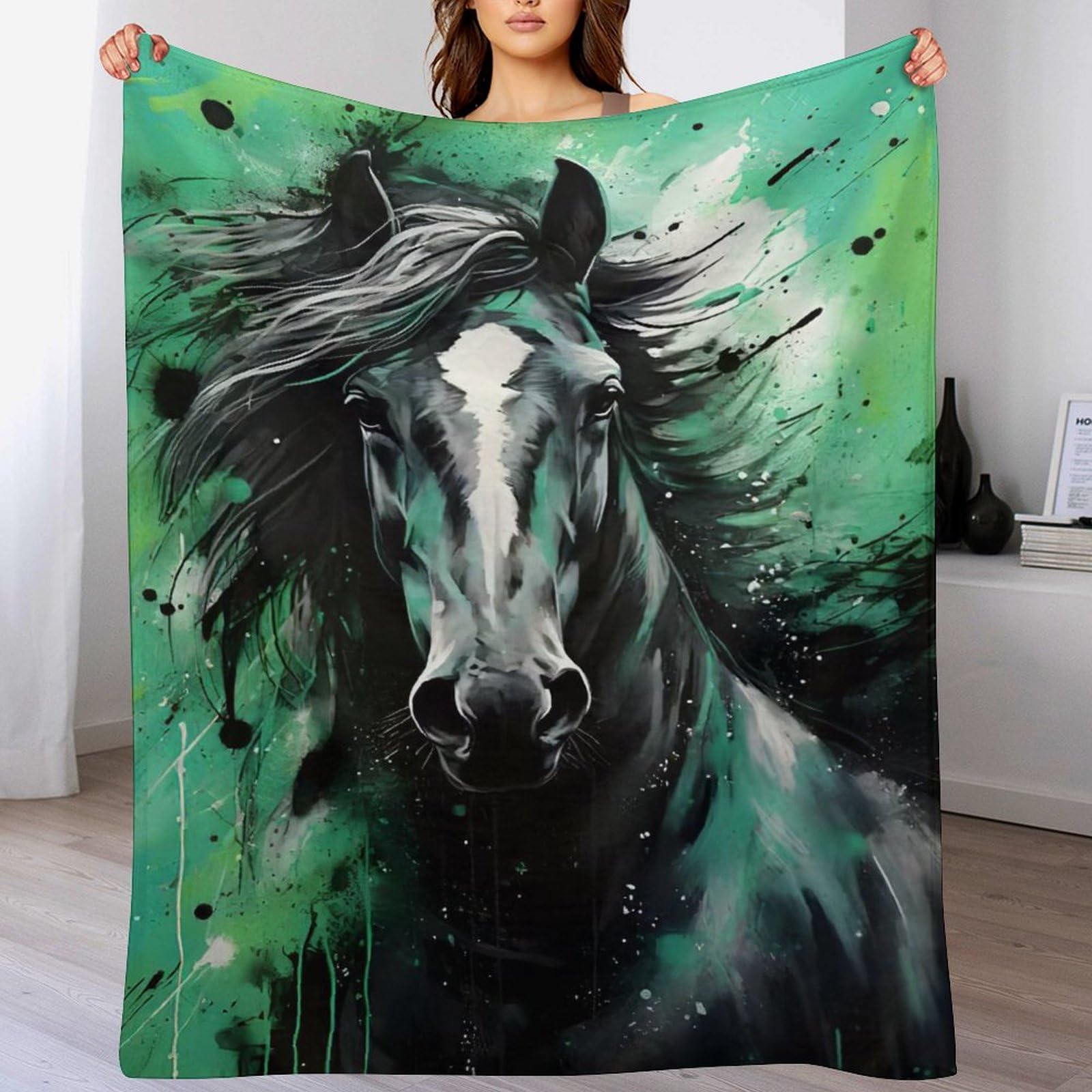 Plaid couverture polaire cheval 140x180cm, jeté de lit doux pour canapé