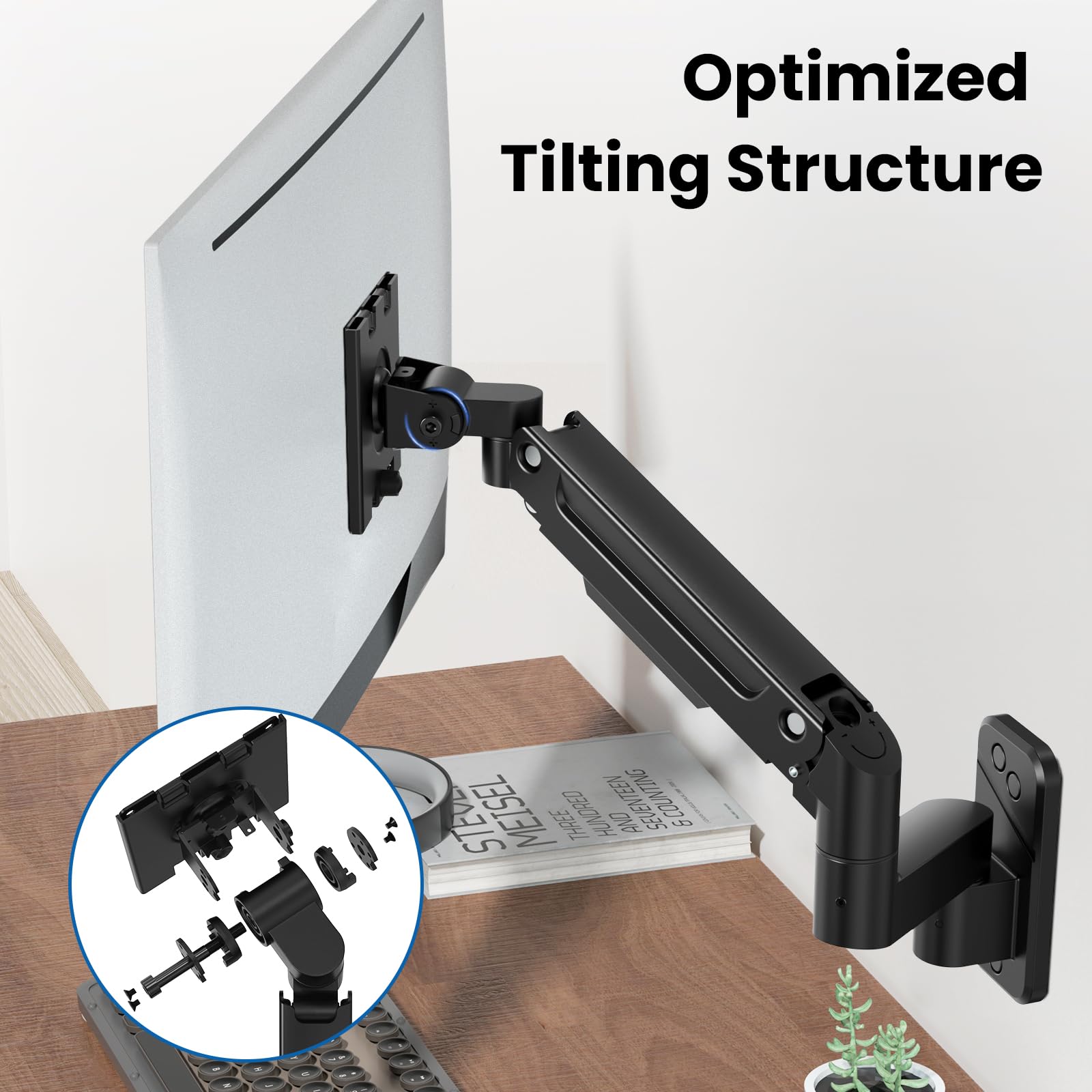 PUTORSEN Supporto Monitor Muro per Monitor 17-49 Pollici, Fino a 20kg, Braccio Monitor Muro Singolo con Molla a Gas Ergonomico Regolabile in Altezza, Rotazione e Inclinabile